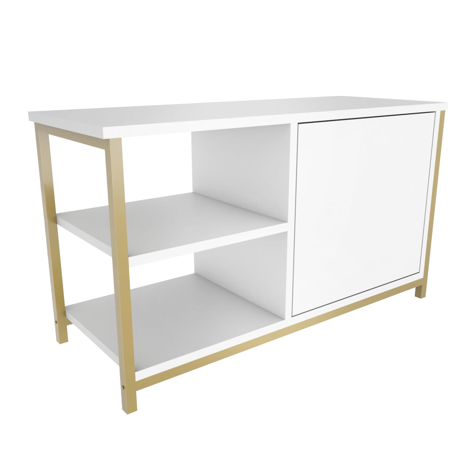 Suporte de TV Glamouroso, Dourado e Branco, 89,6 x 35,3 x 50,8 cm | Painel de partículas 100% revestido em melamina, 18 mm de espessura, estrutura de metal resistente | Design elegante e funcional para salas de estar modernas