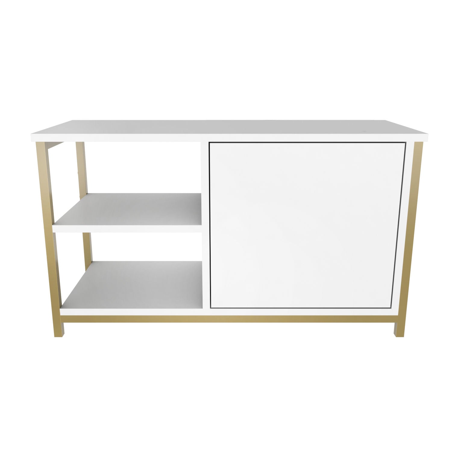 Suporte de TV Glamouroso, Dourado e Branco, 89,6 x 35,3 x 50,8 cm | Painel de partículas 100% revestido em melamina, 18 mm de espessura, estrutura de metal resistente | Design elegante e funcional para salas de estar modernas