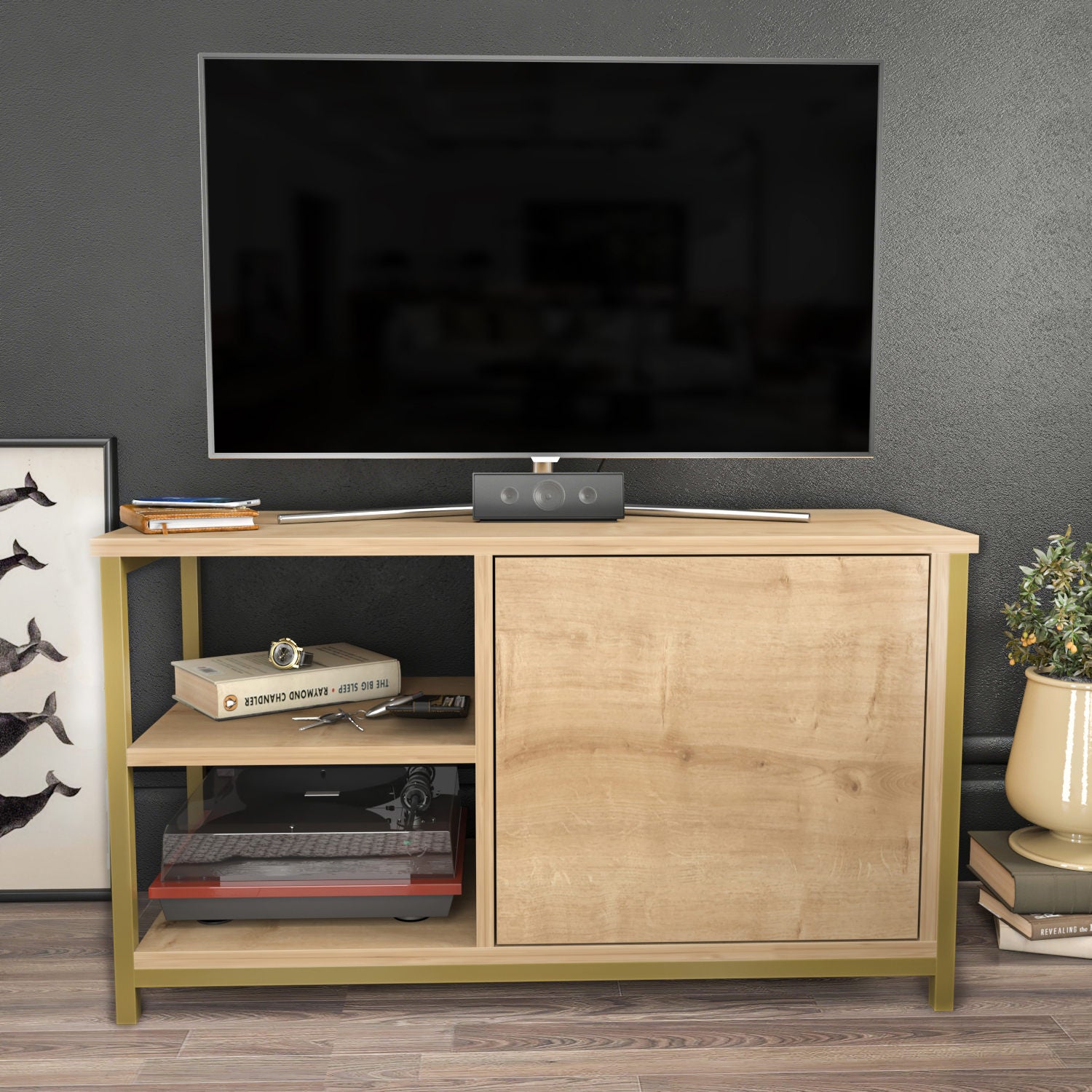 Móvel de TV Glamouroso, Dourado e Carvalho, 89,6 x 35,3 x 50,8 cm | Painel de partículas 100% revestido em melamina, 18 mm de espessura, estrutura de metal resistente | Design elegante e funcional para salas de estar modernas