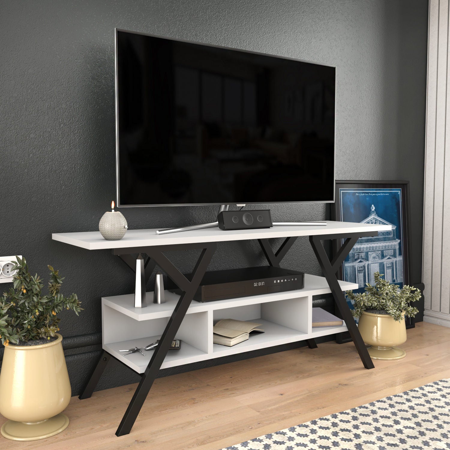 Suporte de TV elegante, preto e branco, 120 x 35 x 55 cm | Painel de partículas 100% revestido de melamina, 18 mm de espessura, estrutura de metal resistente | Design moderno para sala de estar