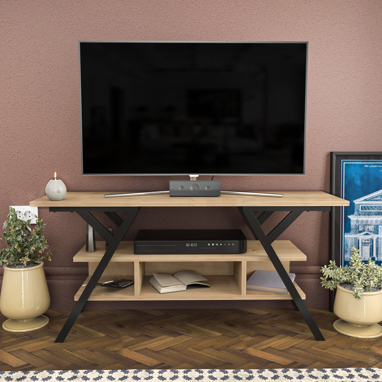 Suporte de TV industrial, preto e carvalho, 120 x 35 x 55 cm | Painel de partículas 100% revestido de melamina, 18 mm de espessura, estrutura de metal resistente | Design elegante e funcional