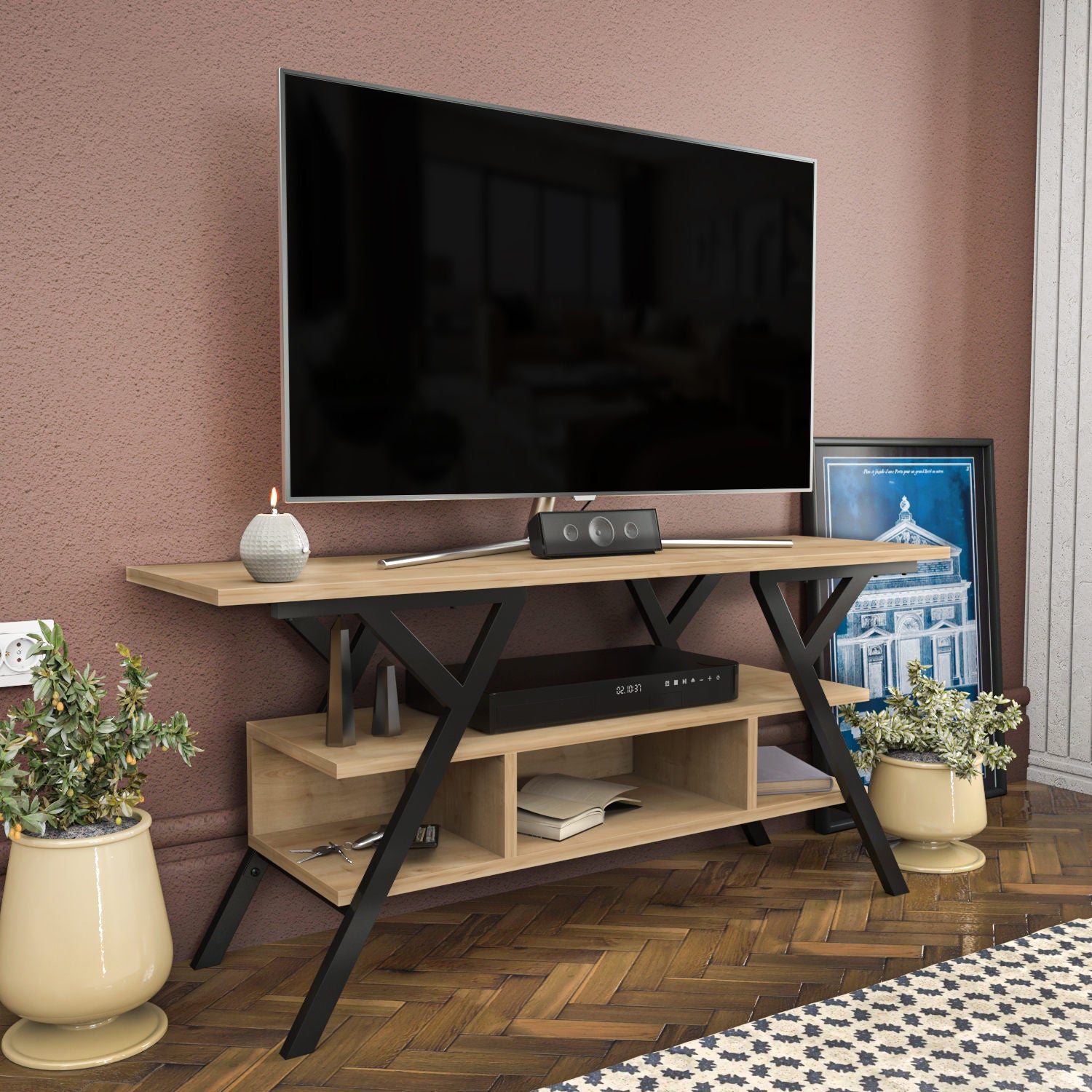 Suporte de TV industrial, preto e carvalho, 120 x 35 x 55 cm | Painel de partículas 100% revestido de melamina, 18 mm de espessura, estrutura de metal resistente | Design elegante e funcional
