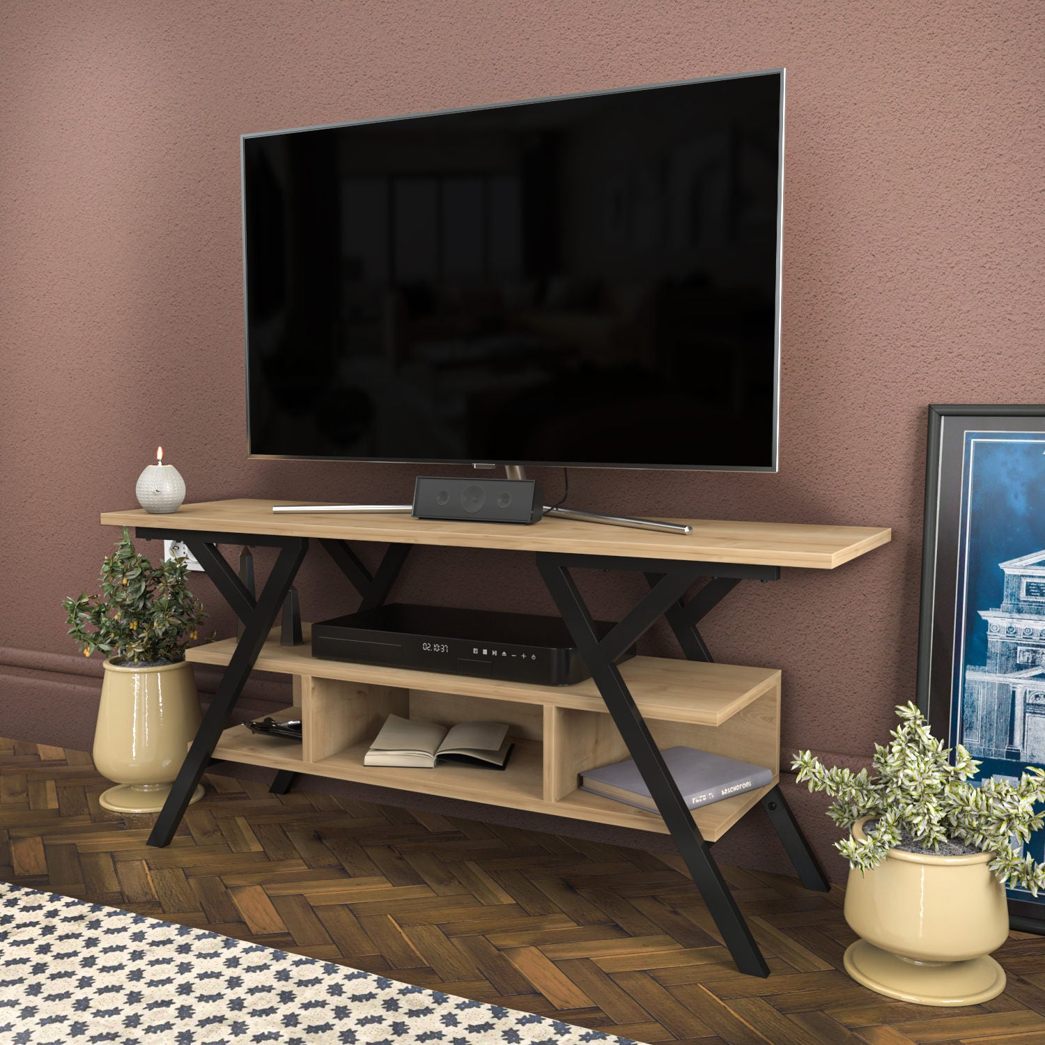 Suporte de TV industrial, preto e carvalho, 120 x 35 x 55 cm | Painel de partículas 100% revestido de melamina, 18 mm de espessura, estrutura de metal resistente | Design elegante e funcional
