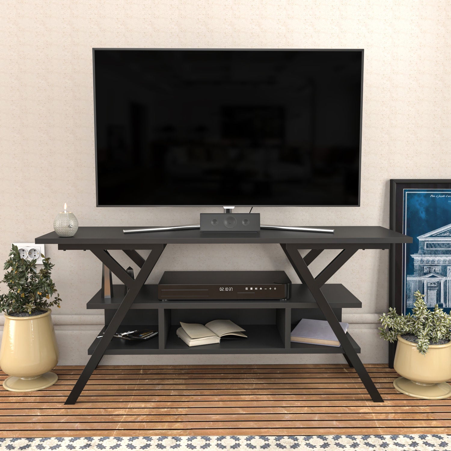 Móvel de TV industrial, preto e antracite, 120 x 35 x 55 cm | Painel de partículas 100% revestido de melamina, 18 mm de espessura, estrutura de metal resistente | Design elegante e funcional