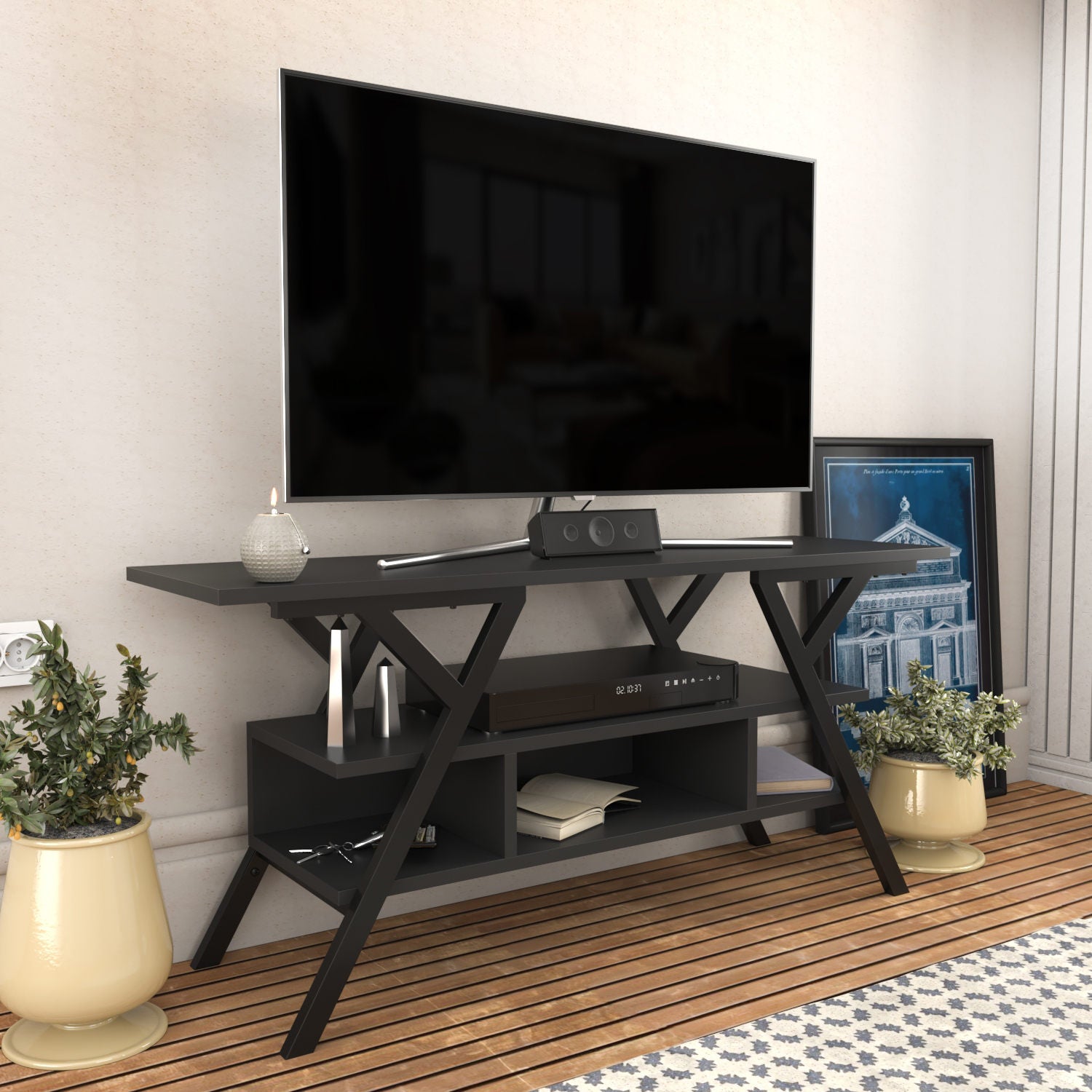 Móvel de TV industrial, preto e antracite, 120 x 35 x 55 cm | Painel de partículas 100% revestido de melamina, 18 mm de espessura, estrutura de metal resistente | Design elegante e funcional