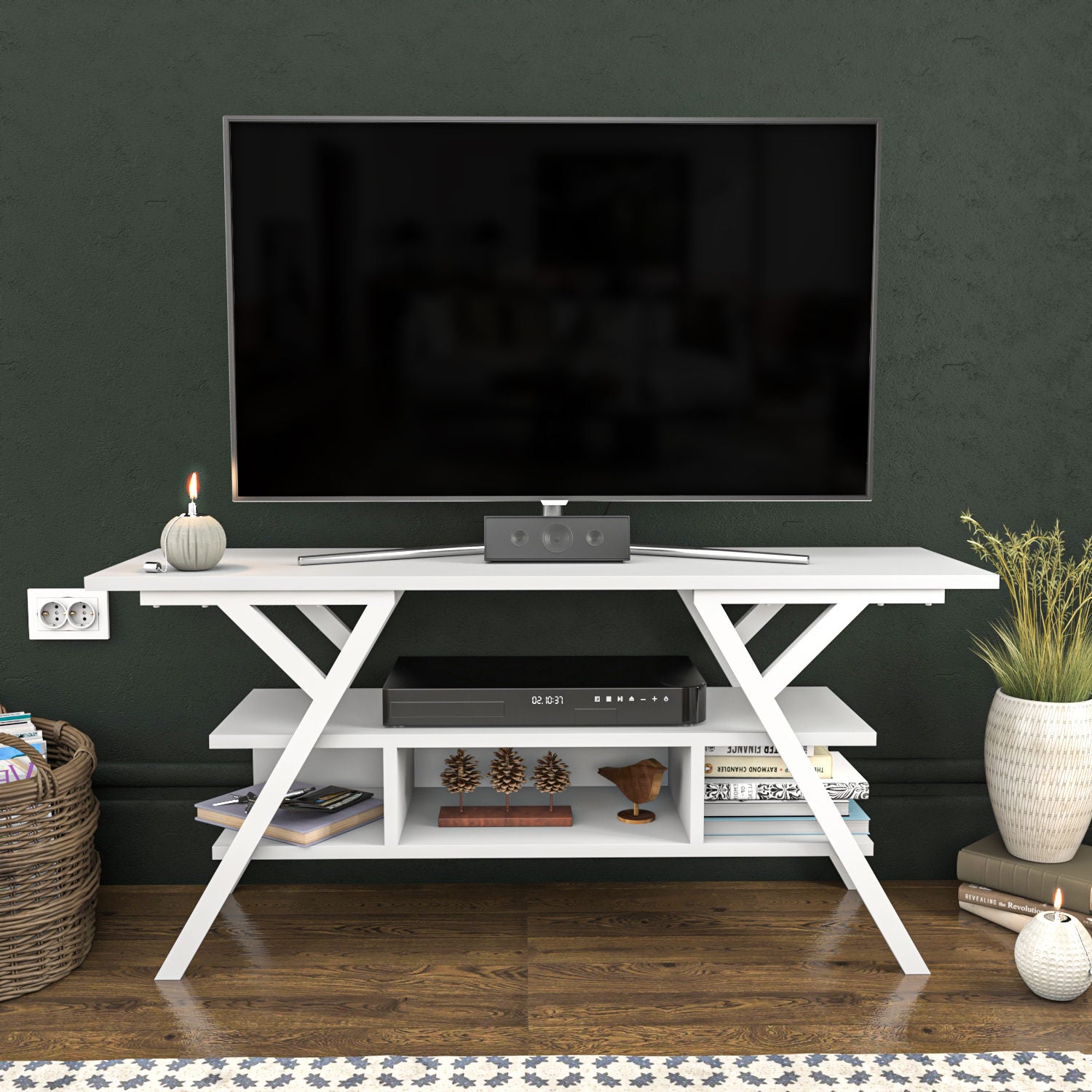 Suporte de TV escandinavo, branco, 120 x 35 x 55 cm | Painel de partículas 100% revestido de melamina, 18 mm de espessura, estrutura de metal resistente | Design elegante e funcional