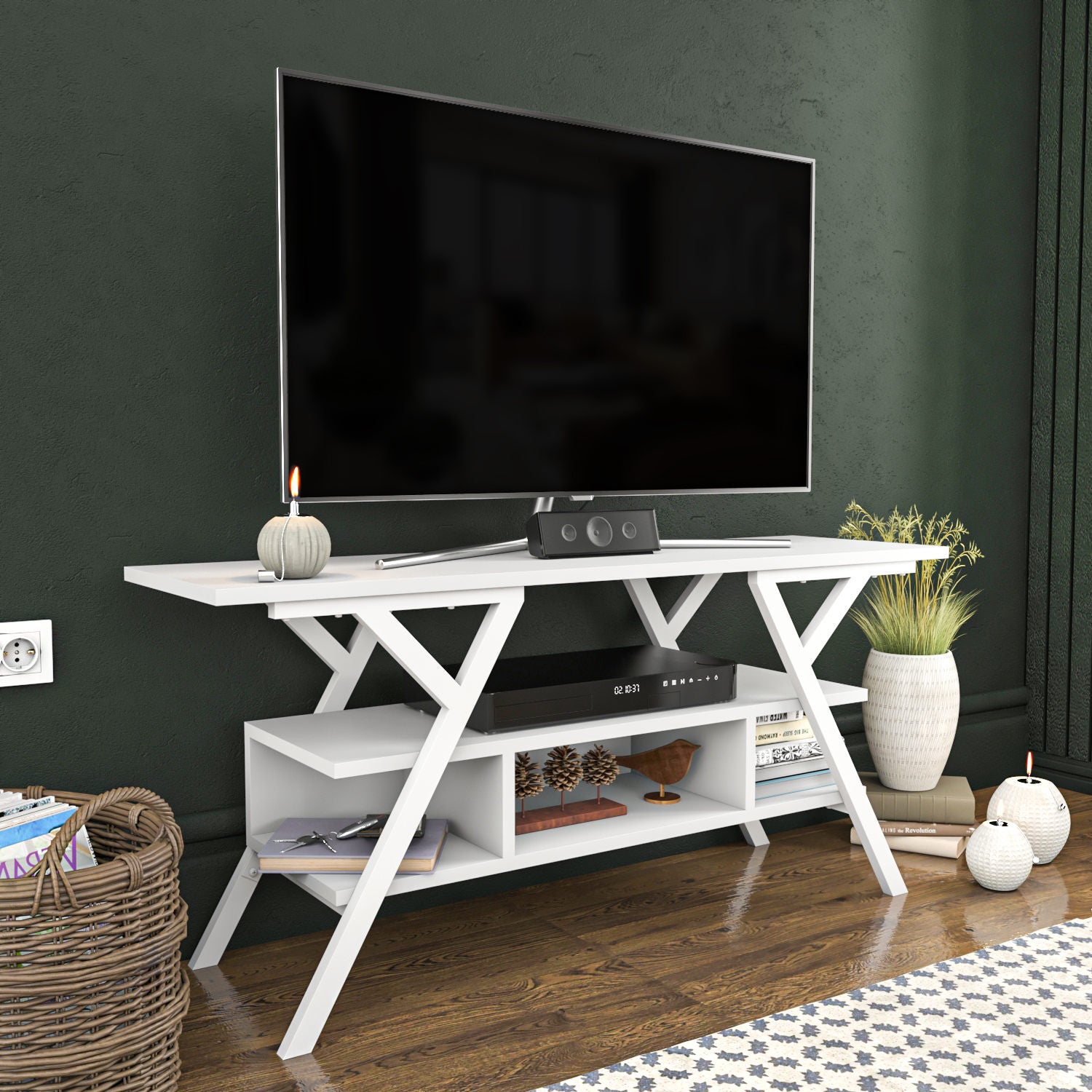 Suporte de TV escandinavo, branco, 120 x 35 x 55 cm | Painel de partículas 100% revestido de melamina, 18 mm de espessura, estrutura de metal resistente | Design elegante e funcional