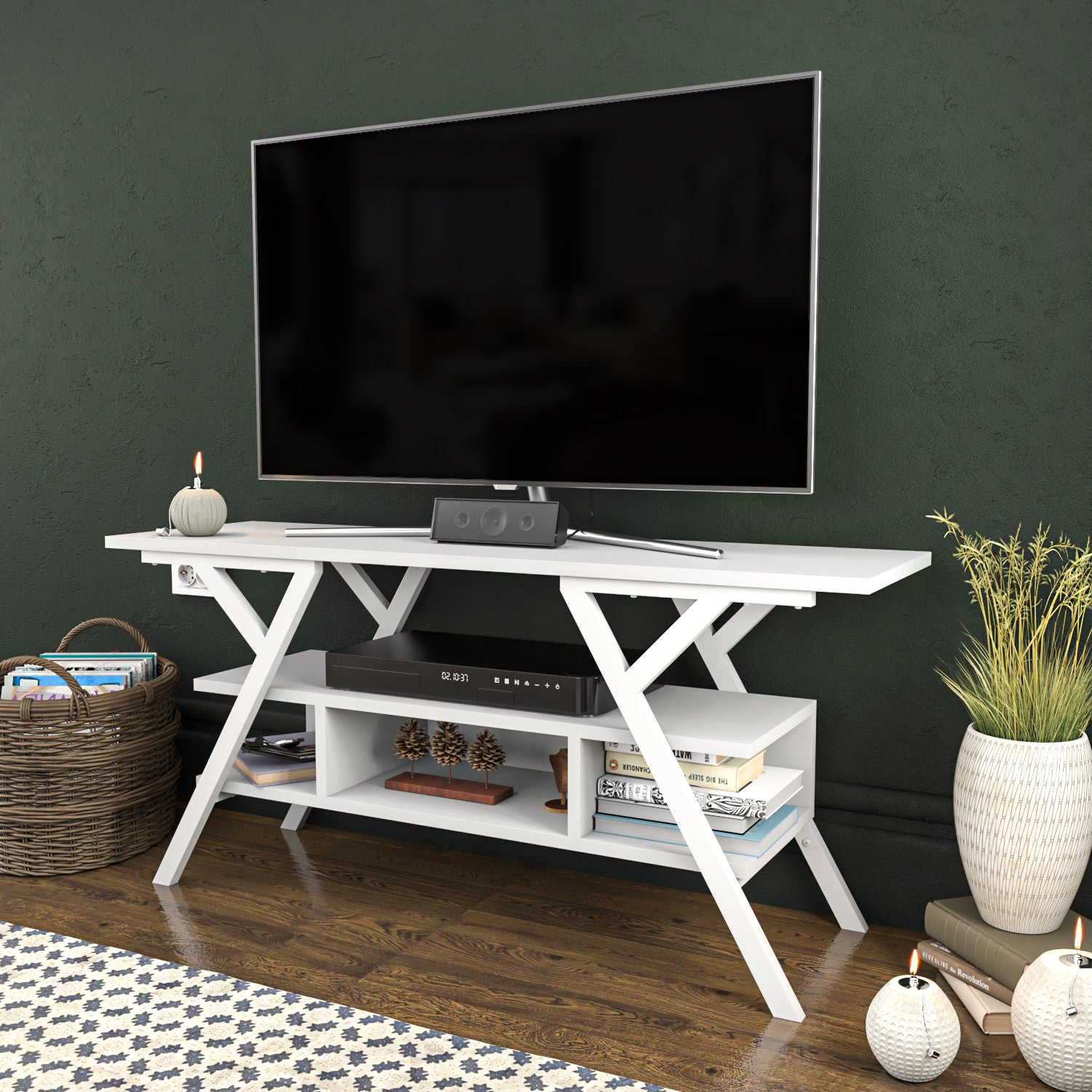 Suporte de TV escandinavo, branco, 120 x 35 x 55 cm | Painel de partículas 100% revestido de melamina, 18 mm de espessura, estrutura de metal resistente | Design elegante e funcional