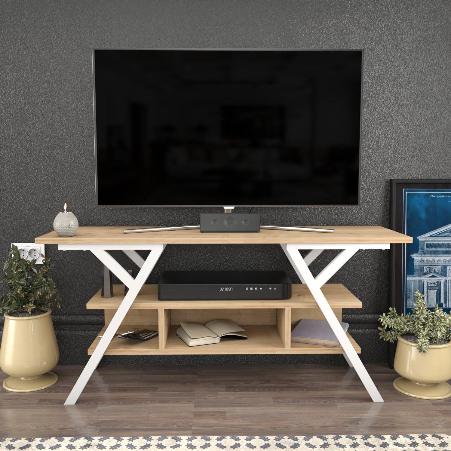 Suporte de TV escandinavo, branco e carvalho, 120 x 35 x 55 cm | Painel de partículas 100% revestido de melamina, 18 mm de espessura, estrutura de metal resistente | Design elegante e funcional