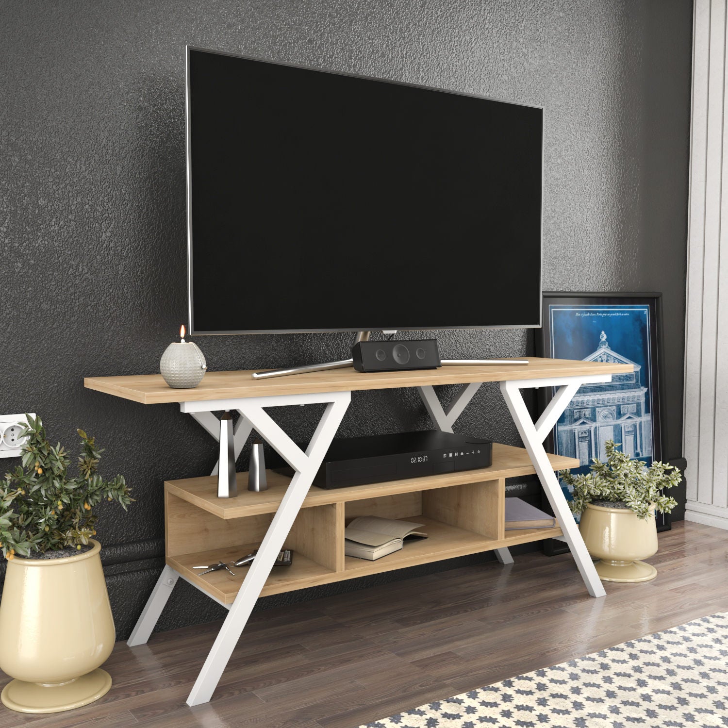 Suporte de TV escandinavo, branco e carvalho, 120 x 35 x 55 cm | Painel de partículas 100% revestido de melamina, 18 mm de espessura, estrutura de metal resistente | Design elegante e funcional