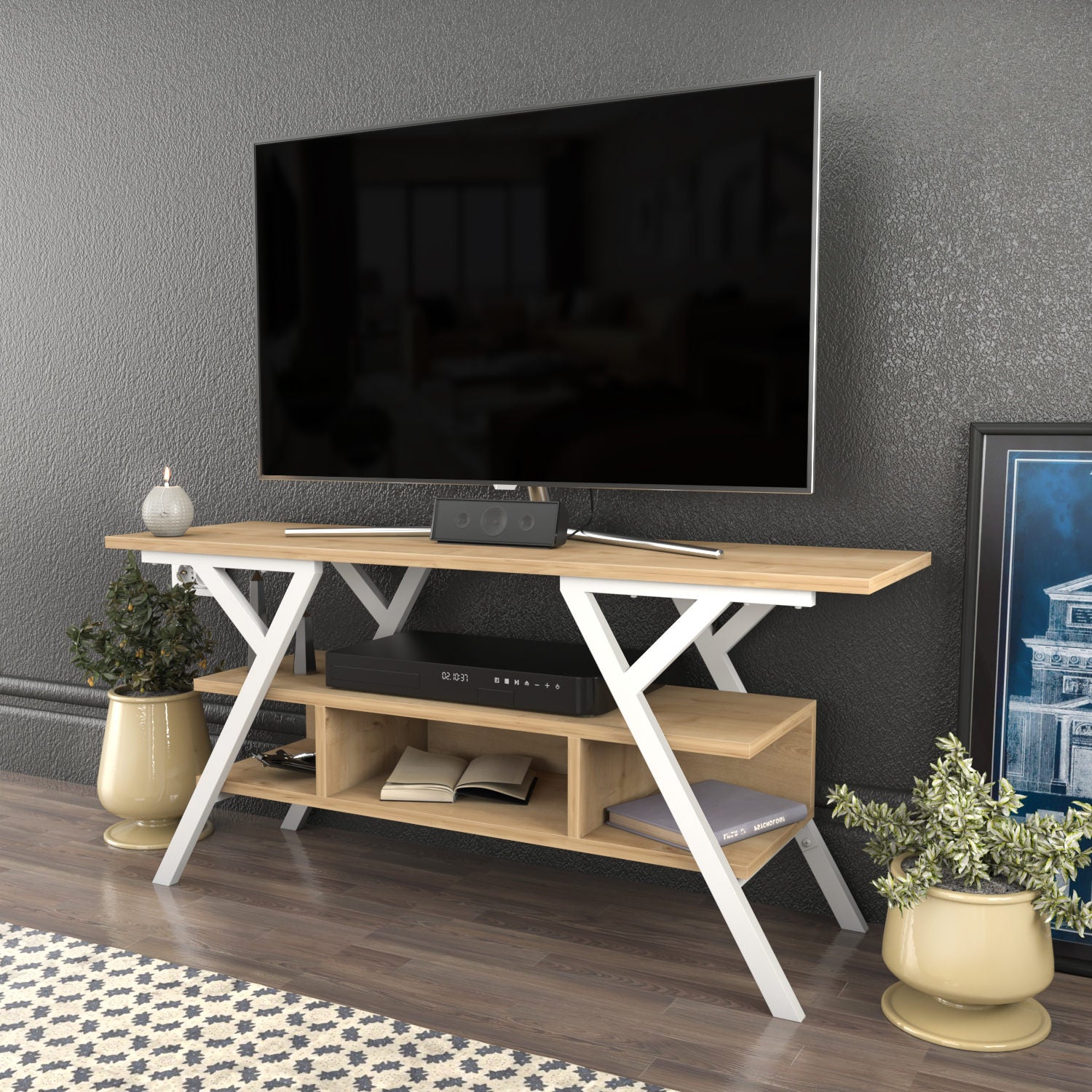 Suporte de TV escandinavo, branco e carvalho, 120 x 35 x 55 cm | Painel de partículas 100% revestido de melamina, 18 mm de espessura, estrutura de metal resistente | Design elegante e funcional