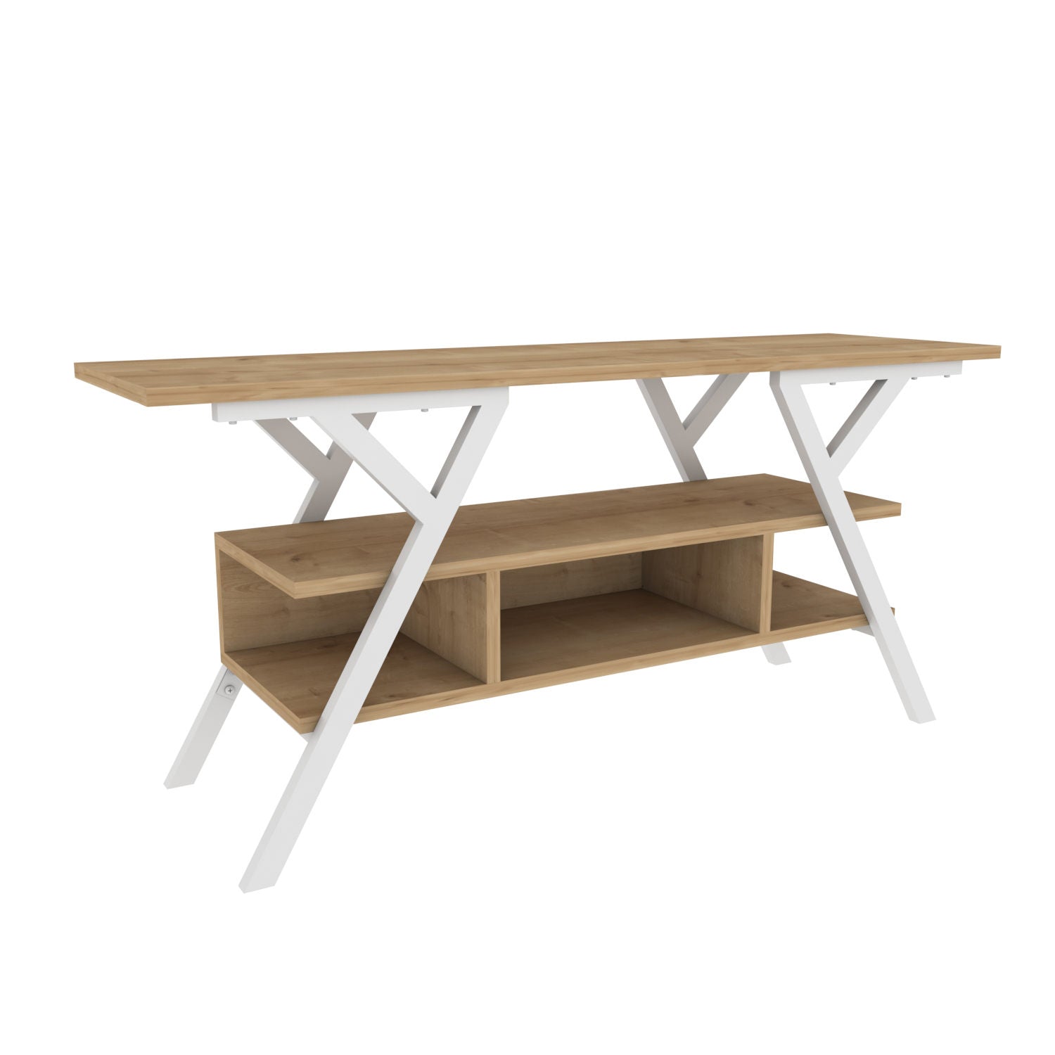 Suporte de TV escandinavo, branco e carvalho, 120 x 35 x 55 cm | Painel de partículas 100% revestido de melamina, 18 mm de espessura, estrutura de metal resistente | Design elegante e funcional