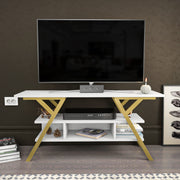 Suporte de TV Glamouroso, Dourado e Branco, 120 x 35 x 55 cm | Painel de partículas 100% revestido em melamina, 18 mm de espessura, estrutura de metal resistente | Design elegante e funcional para salas de estar modernas
