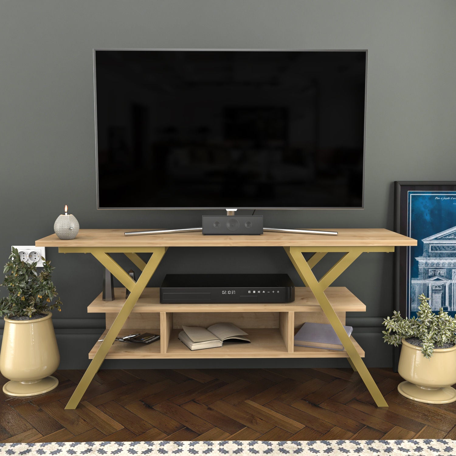 Suporte de TV Glamouroso, Dourado e Carvalho, 120 x 35 x 55 cm | Painel de partículas 100% revestido em melamina, 18 mm de espessura, estrutura de metal resistente | Design elegante e funcional para salas de estar modernas
