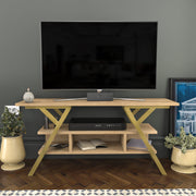 Suporte de TV Glamouroso, Dourado e Carvalho, 120 x 35 x 55 cm | Painel de partículas 100% revestido em melamina, 18 mm de espessura, estrutura de metal resistente | Design elegante e funcional para salas de estar modernas