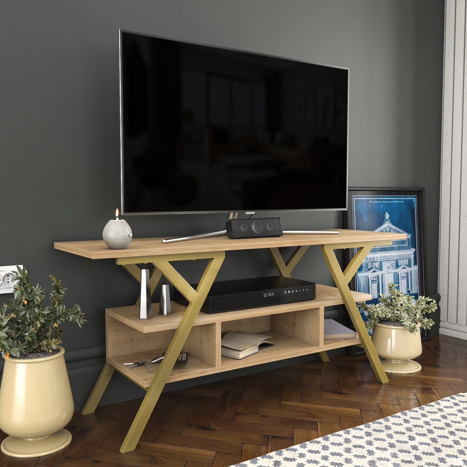 Suporte de TV Glamouroso, Dourado e Carvalho, 120 x 35 x 55 cm | Painel de partículas 100% revestido em melamina, 18 mm de espessura, estrutura de metal resistente | Design elegante e funcional para salas de estar modernas