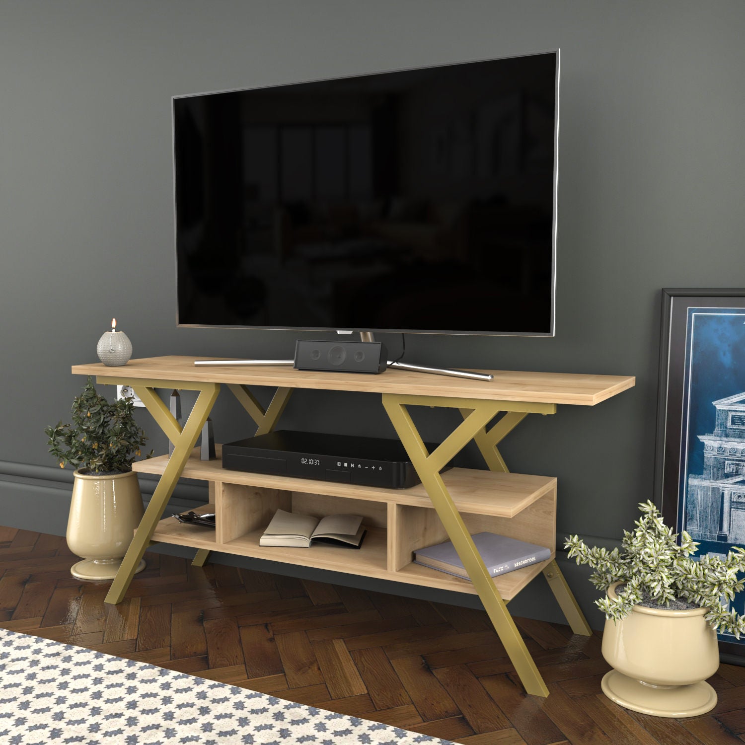Suporte de TV Glamouroso, Dourado e Carvalho, 120 x 35 x 55 cm | Painel de partículas 100% revestido em melamina, 18 mm de espessura, estrutura de metal resistente | Design elegante e funcional para salas de estar modernas