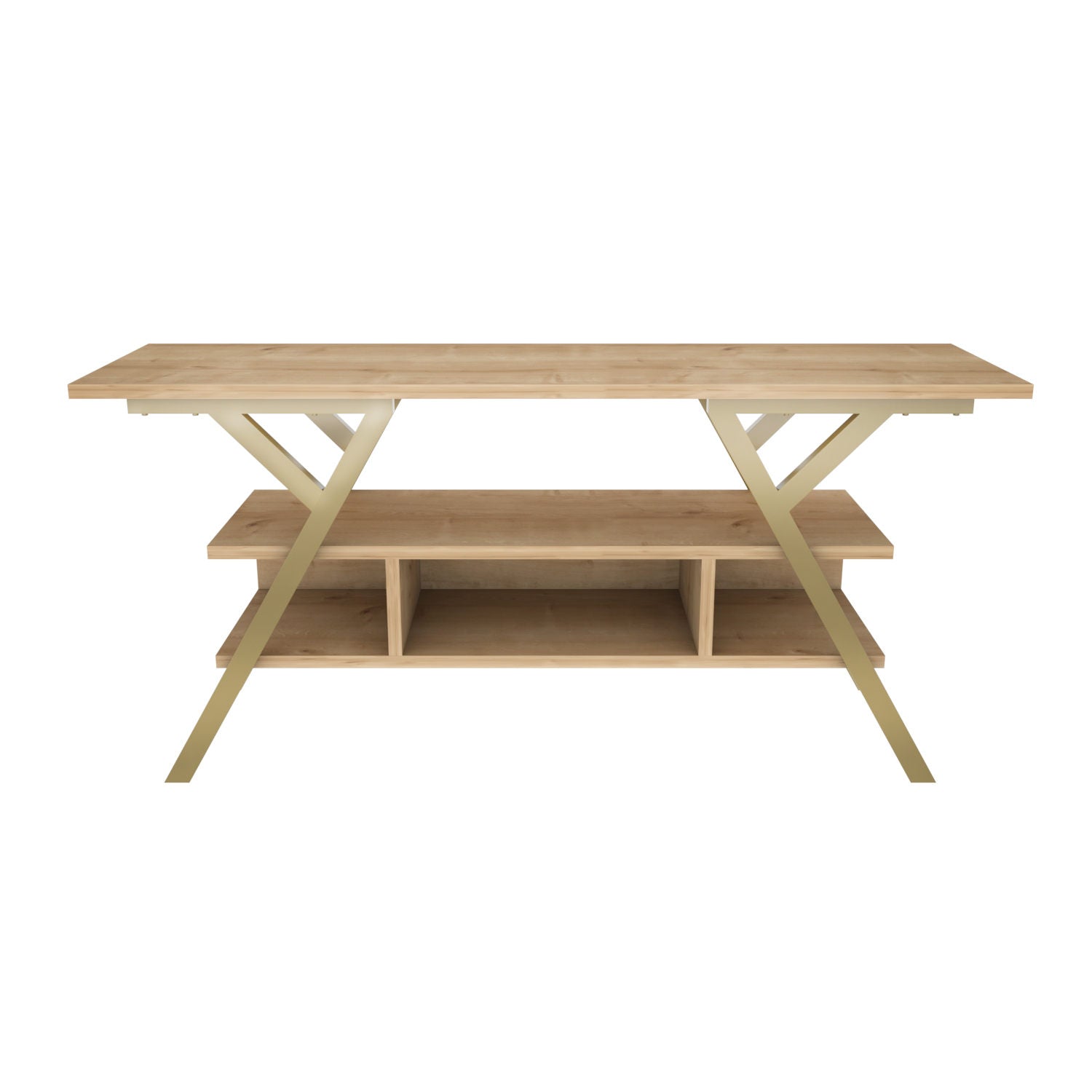 Suporte de TV Glamouroso, Dourado e Carvalho, 120 x 35 x 55 cm | Painel de partículas 100% revestido em melamina, 18 mm de espessura, estrutura de metal resistente | Design elegante e funcional para salas de estar modernas