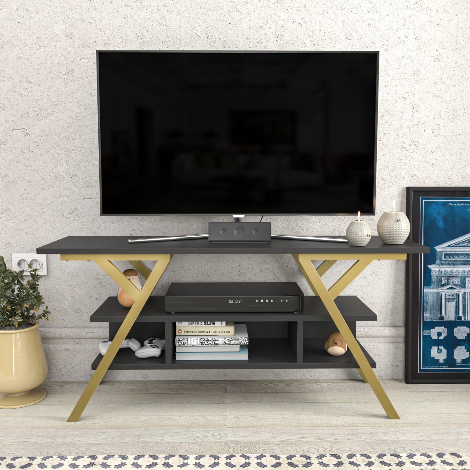 Suporte de TV Glamouroso, Dourado e Antracite, 120 x 35 x 55 cm | Painel de partículas 100% revestido em melamina, 18 mm de espessura, estrutura de metal resistente | Design elegante e funcional para salas de estar modernas