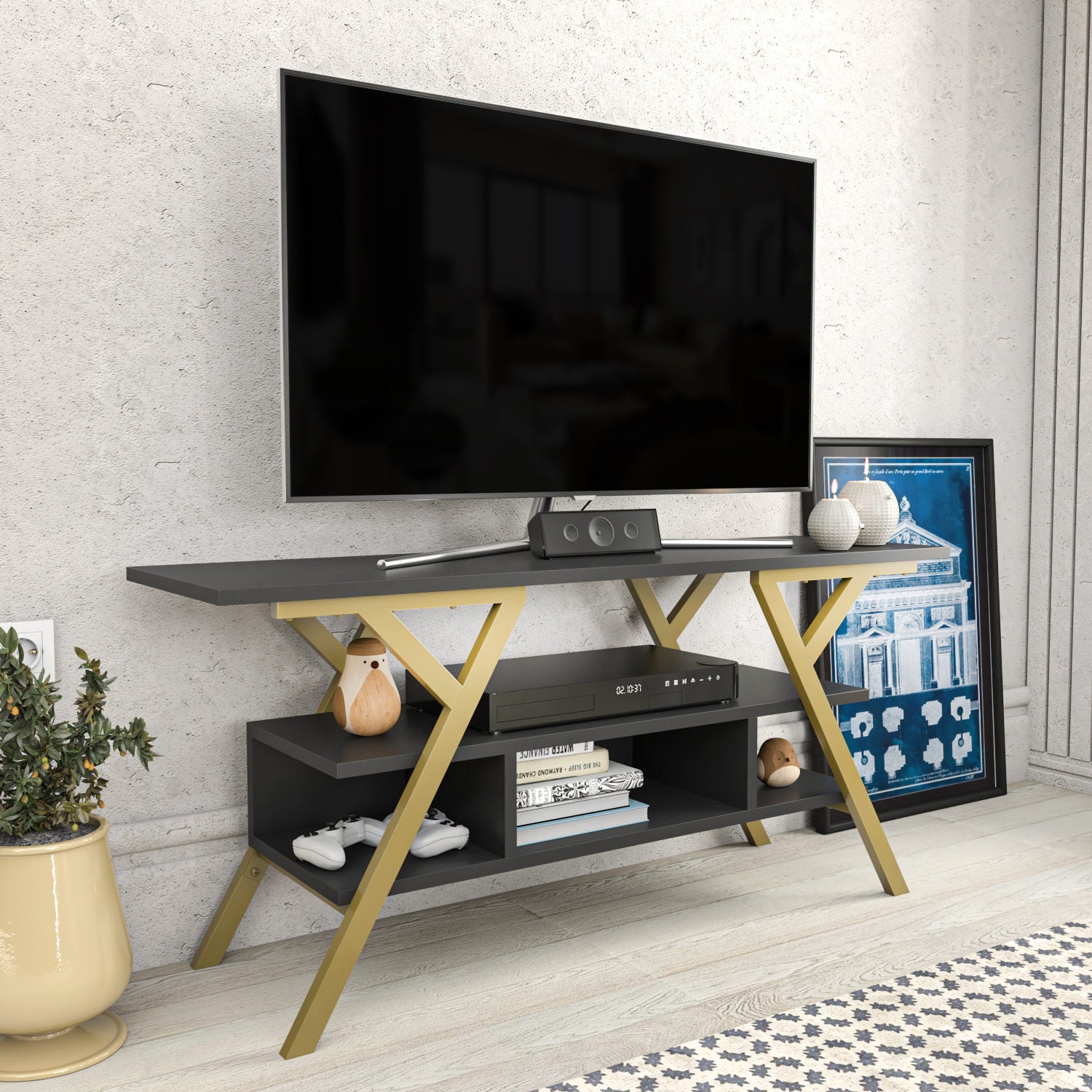 Suporte de TV Glamouroso, Dourado e Antracite, 120 x 35 x 55 cm | Painel de partículas 100% revestido em melamina, 18 mm de espessura, estrutura de metal resistente | Design elegante e funcional para salas de estar modernas