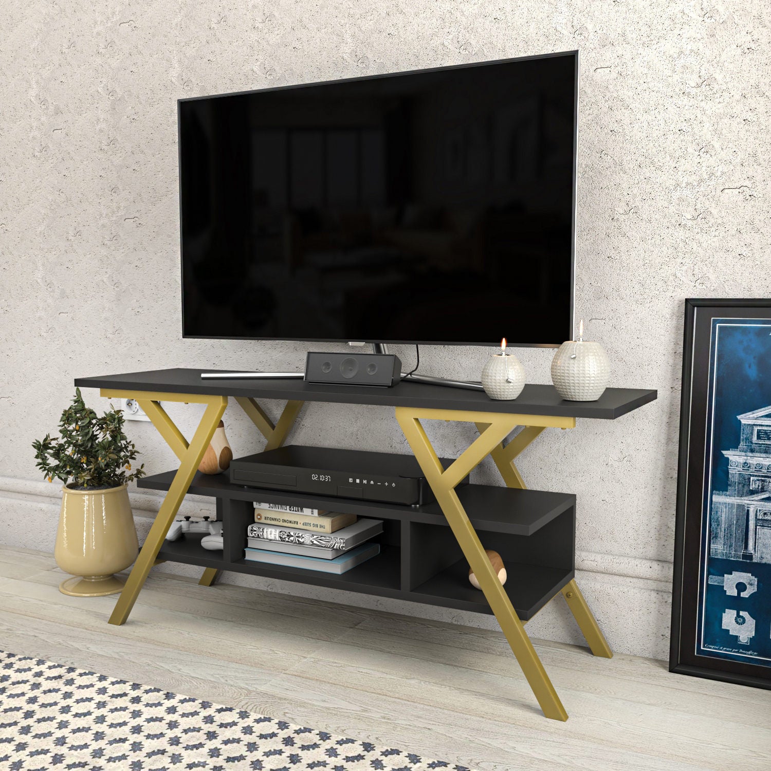 Suporte de TV Glamouroso, Dourado e Antracite, 120 x 35 x 55 cm | Painel de partículas 100% revestido em melamina, 18 mm de espessura, estrutura de metal resistente | Design elegante e funcional para salas de estar modernas
