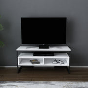 Suporte de TV elegante, preto e branco, 110 cm x 35 cm x 49,9 cm | Painel de partículas 100% revestido de melamina, 18 mm de espessura | Design moderno para salas de estar e espaços de entretenimento