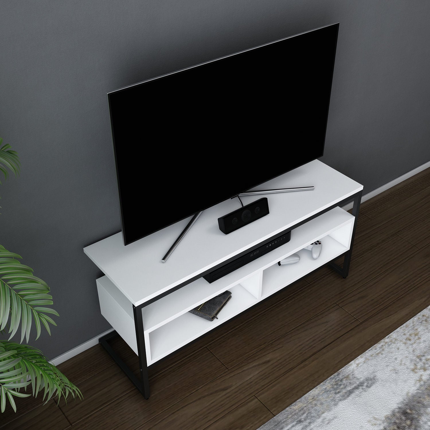 Suporte de TV elegante, preto e branco, 110 cm x 35 cm x 49,9 cm | Painel de partículas 100% revestido de melamina, 18 mm de espessura | Design moderno para salas de estar e espaços de entretenimento