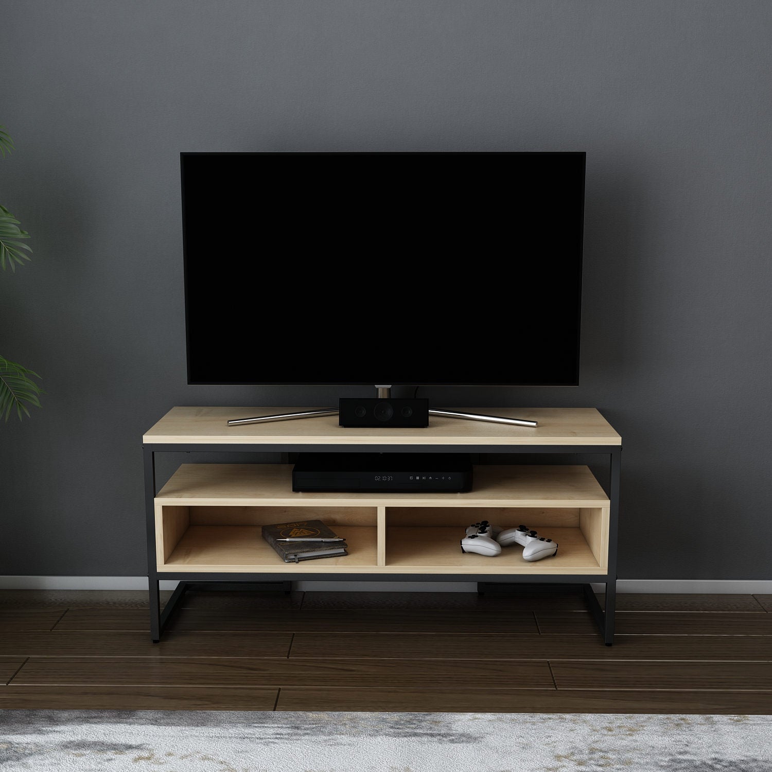 Suporte de TV industrial, preto e carvalho, 110 x 35 x 49,9 cm | Painel de partículas 100% revestido em melamina, 18 mm de espessura | Elegante e funcional para salas de estar modernas