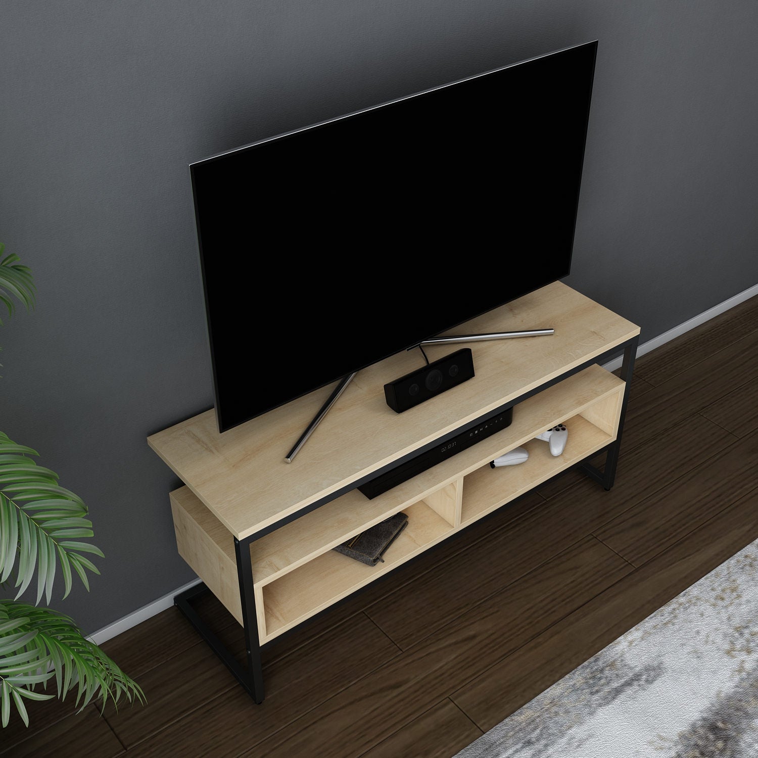 Suporte de TV industrial, preto e carvalho, 110 x 35 x 49,9 cm | Painel de partículas 100% revestido em melamina, 18 mm de espessura | Elegante e funcional para salas de estar modernas