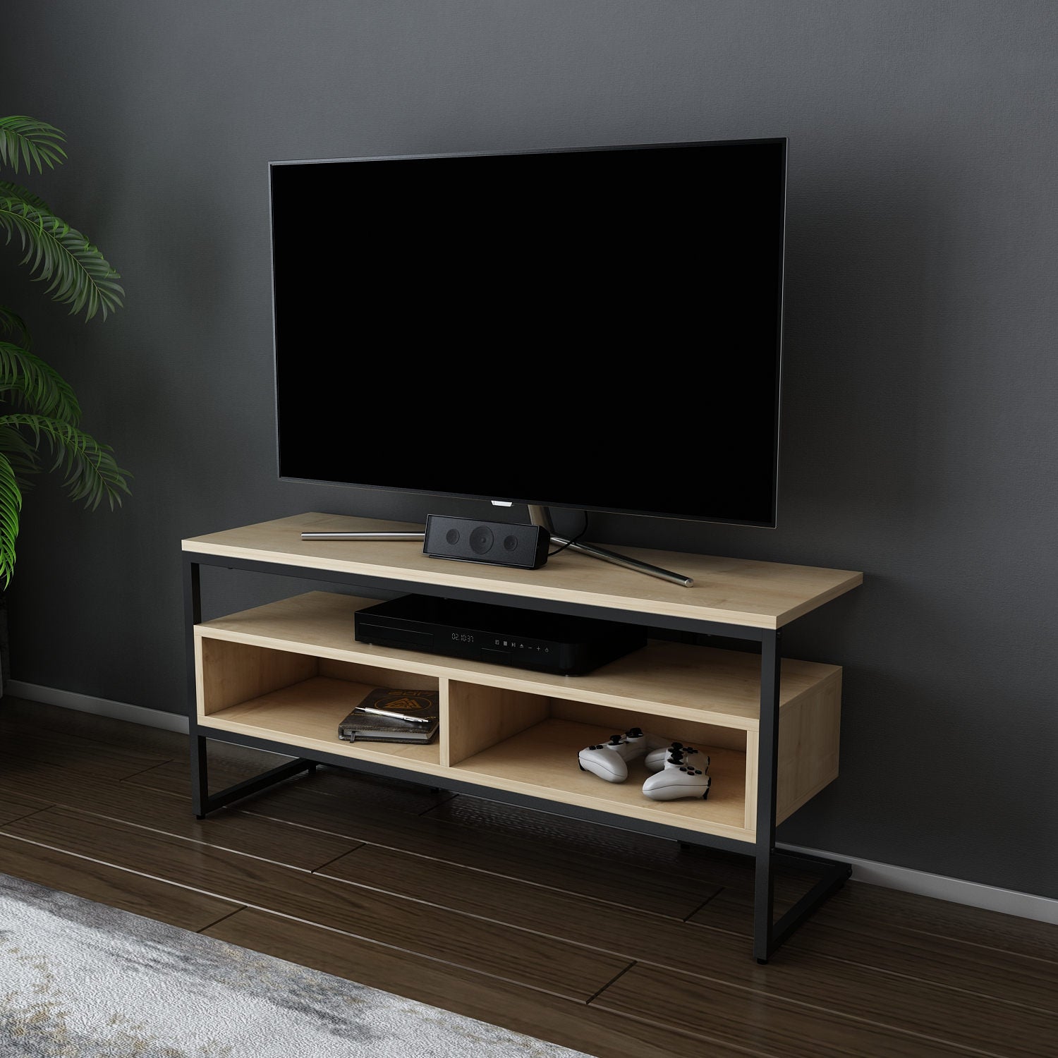 Suporte de TV industrial, preto e carvalho, 110 x 35 x 49,9 cm | Painel de partículas 100% revestido em melamina, 18 mm de espessura | Elegante e funcional para salas de estar modernas