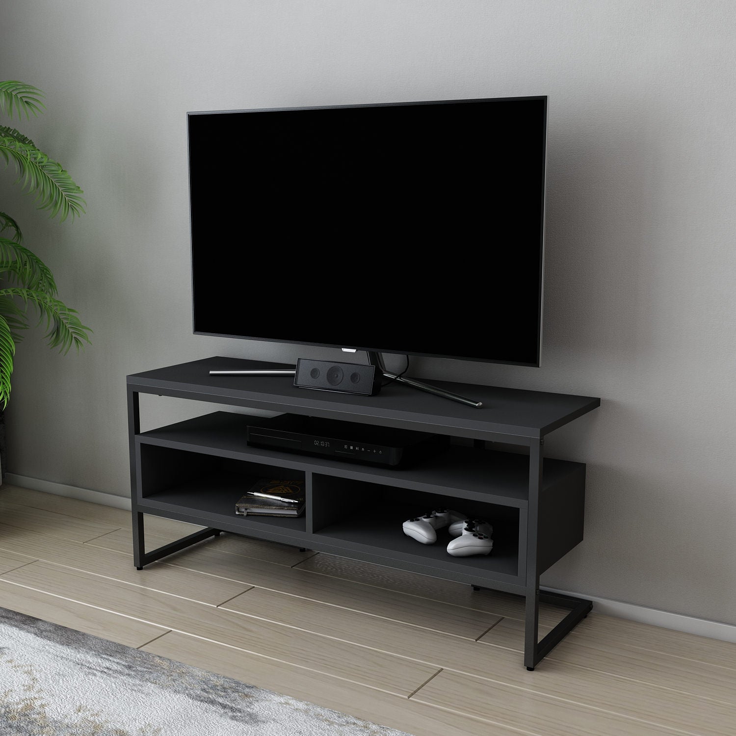 Móvel de TV industrial, preto e antracite, 110 x 35 x 49,9 cm | Painel de partículas 100% revestido de melamina, 18 mm de espessura | Elegante e durável para salas de estar modernas
