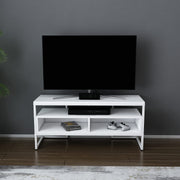 Suporte de TV moderno branco, 110 cm x 35 cm x 49,9 cm | Painel de partículas 100% revestido em melamina, 18 mm de espessura | Elegante e funcional para sala de estar