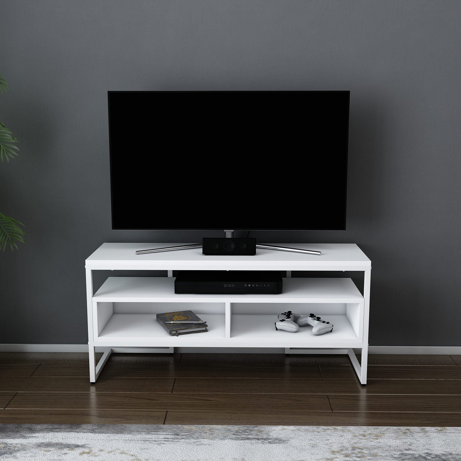 Suporte de TV moderno branco, 110 cm x 35 cm x 49,9 cm | Painel de partículas 100% revestido em melamina, 18 mm de espessura | Elegante e funcional para sala de estar