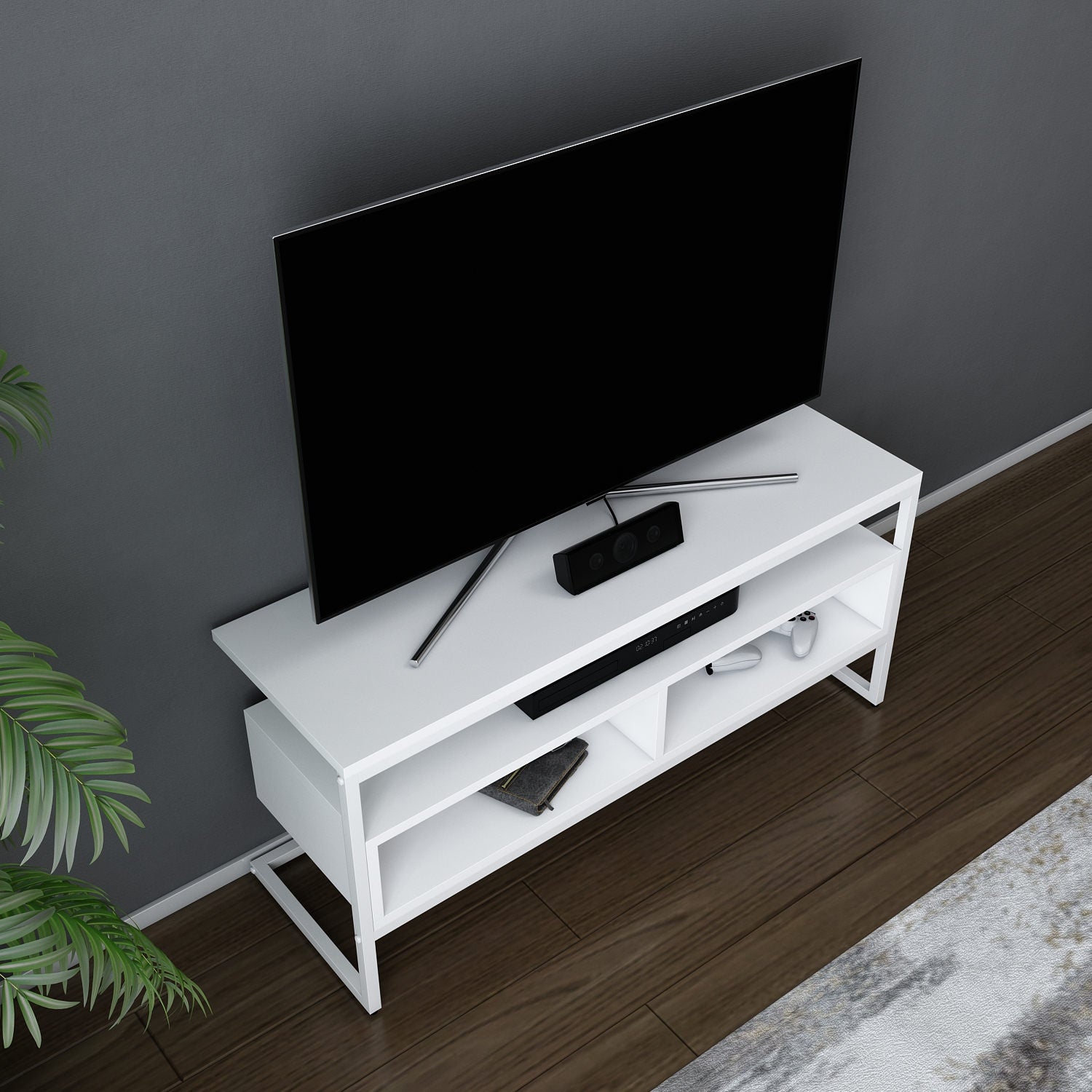 Suporte de TV moderno branco, 110 cm x 35 cm x 49,9 cm | Painel de partículas 100% revestido em melamina, 18 mm de espessura | Elegante e funcional para sala de estar