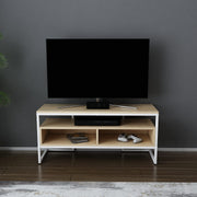 Suporte de TV elegante, branco e carvalho, 110 x 35 x 49,9 cm | Painel de partículas 100% revestido de melamina, 18 mm de espessura | Design moderno para salas de estar e espaços de entretenimento