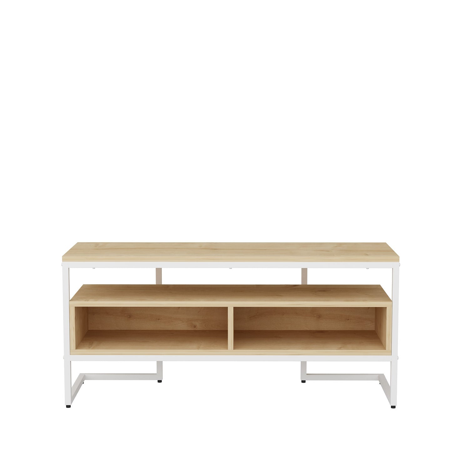 Suporte de TV elegante, branco e carvalho, 110 x 35 x 49,9 cm | Painel de partículas 100% revestido de melamina, 18 mm de espessura | Design moderno para salas de estar e espaços de entretenimento