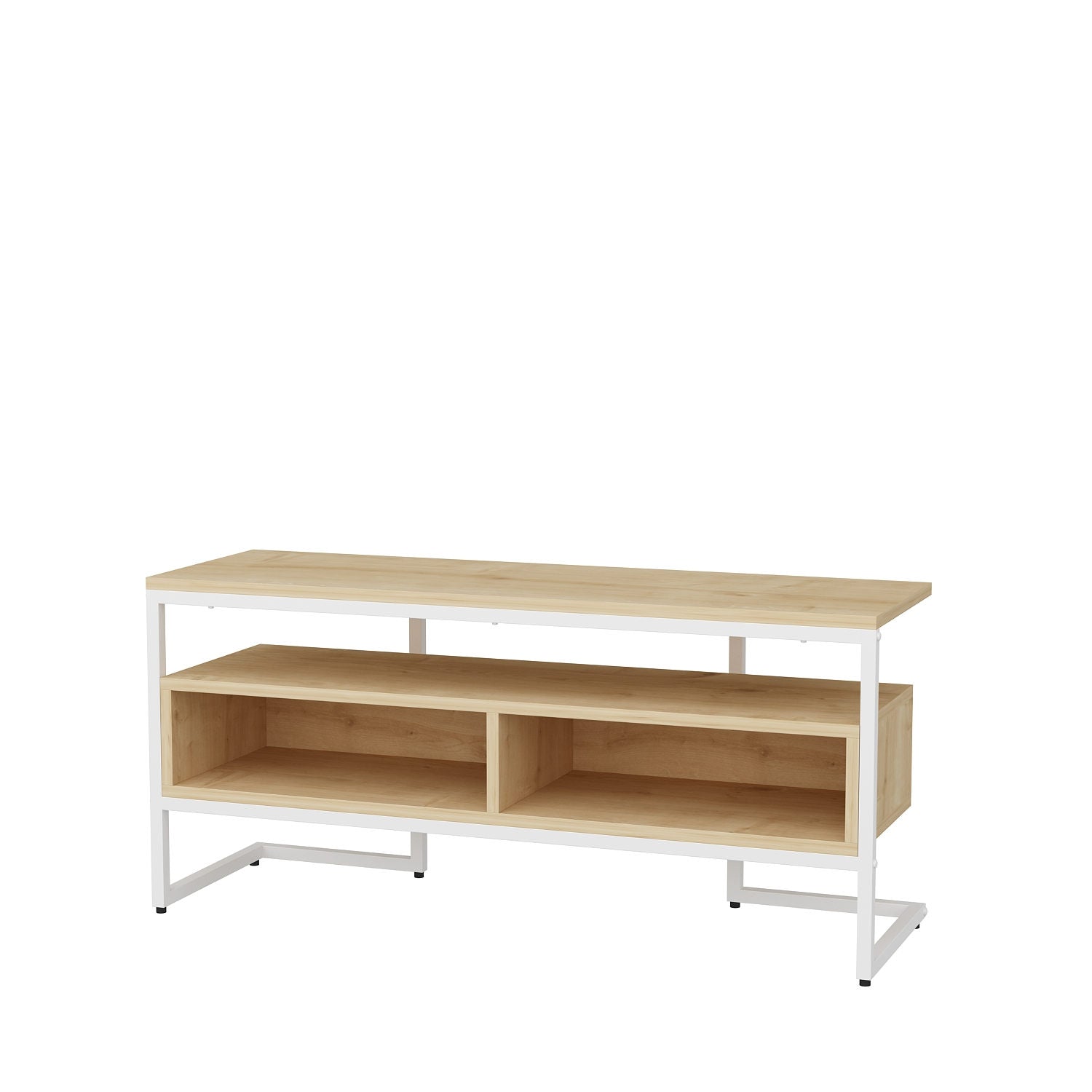 Suporte de TV elegante, branco e carvalho, 110 x 35 x 49,9 cm | Painel de partículas 100% revestido de melamina, 18 mm de espessura | Design moderno para salas de estar e espaços de entretenimento