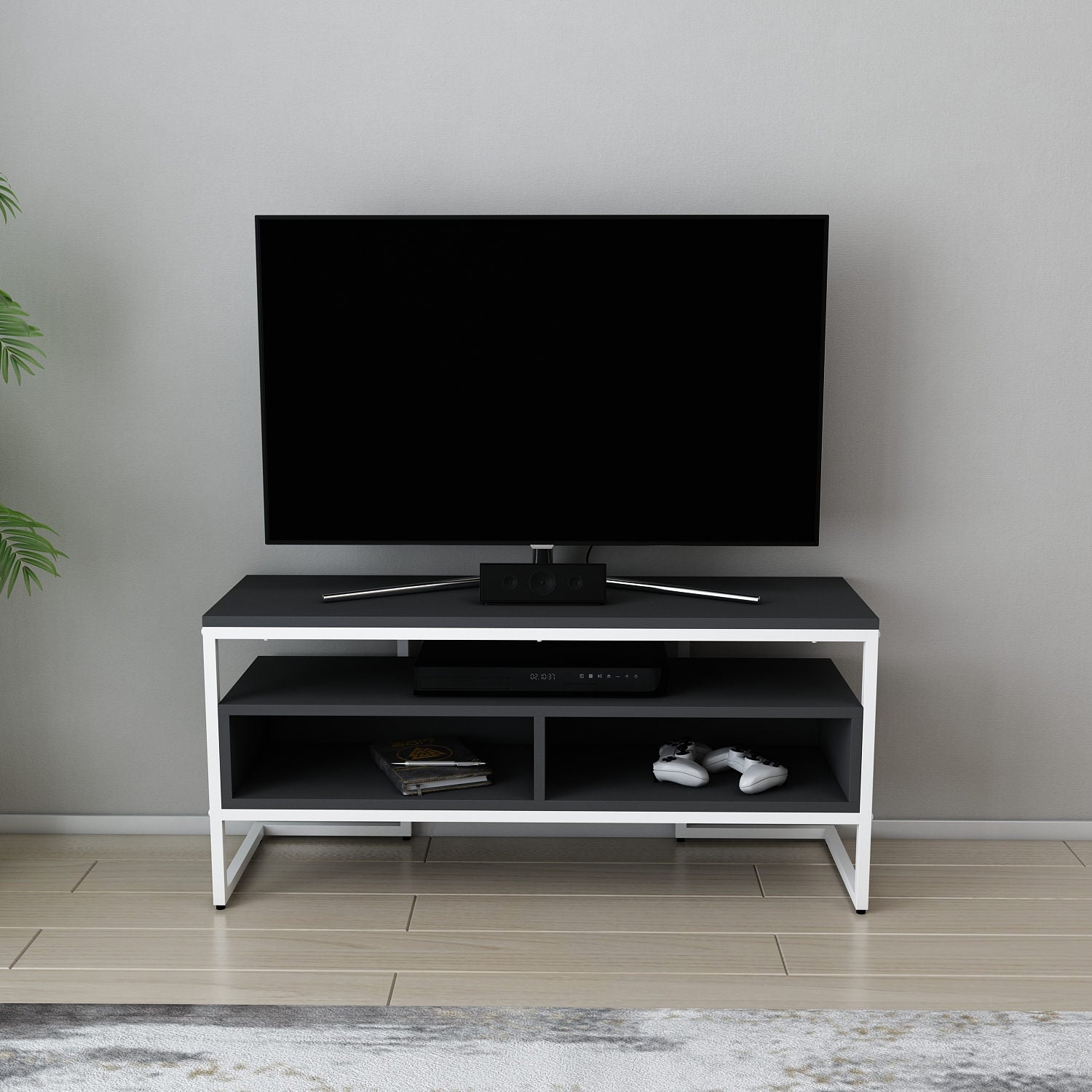 Suporte de TV elegante, branco e antracite, 110 x 35 x 49,9 cm | Painel de partículas 100% revestido de melamina, 18 mm de espessura | Design moderno para salas de estar e espaços de entretenimento