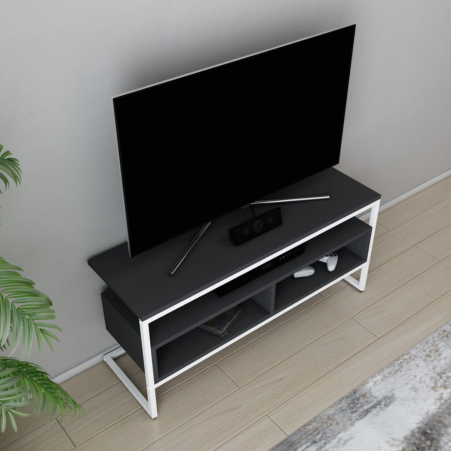 Suporte de TV elegante, branco e antracite, 110 x 35 x 49,9 cm | Painel de partículas 100% revestido de melamina, 18 mm de espessura | Design moderno para salas de estar e espaços de entretenimento