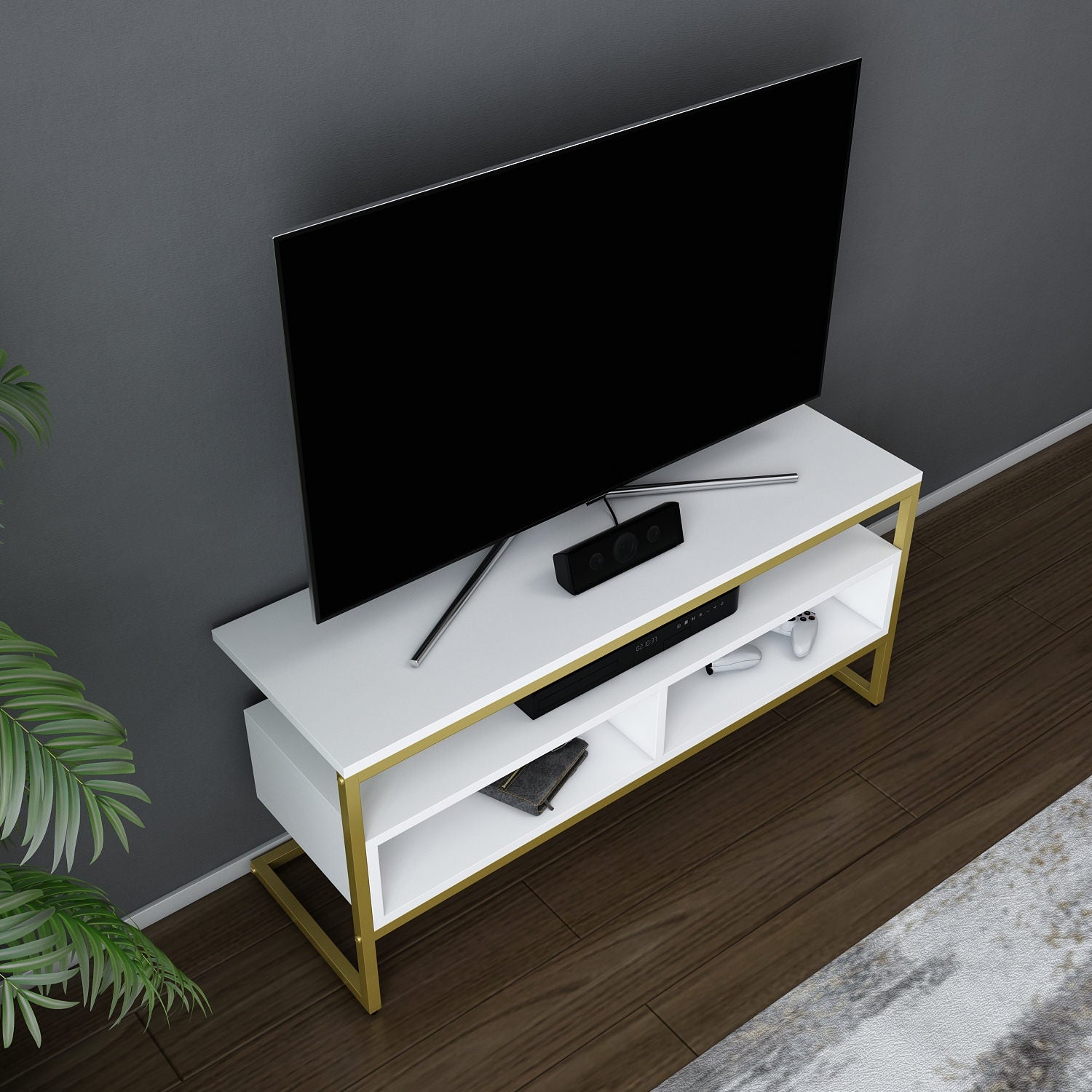 Móvel de TV Glamouroso, Dourado e Branco, 110 x 35 x 49,9 cm | Painel de partículas 100% revestido em melamina, 18 mm de espessura | Elegante e funcional para salas de estar modernas