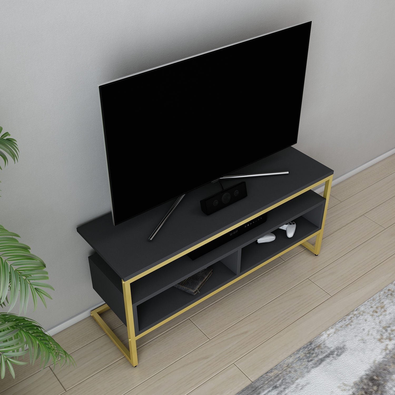 Móvel de TV Glamouroso, Dourado e Antracite, 110 x 35 x 49,9 cm | Painel de partículas 100% revestido em melamina, 18 mm de espessura | Elegante e funcional para salas de estar modernas