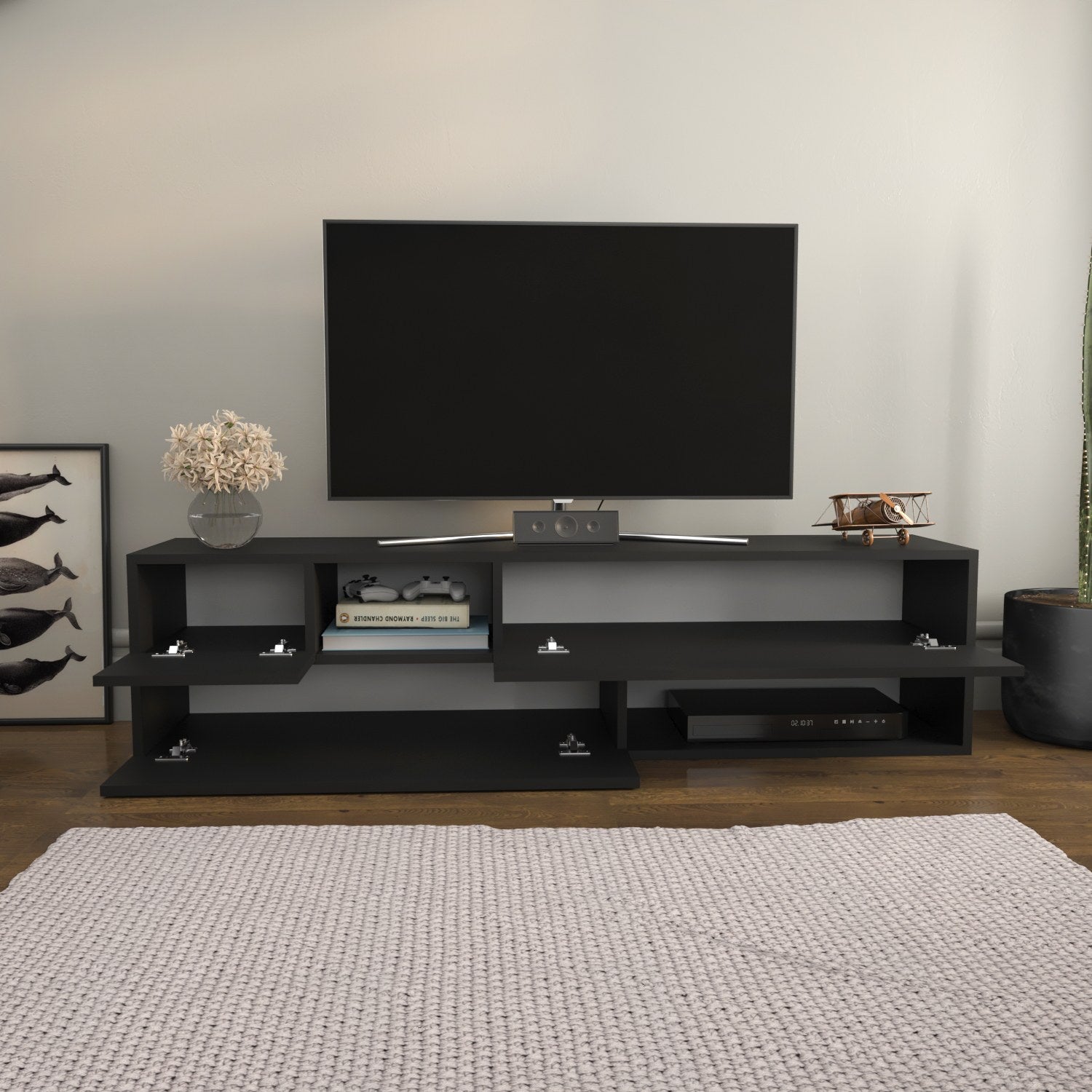Móvel de TV escandinavo, antracite, 160 x 37,7 x 40 cm | Painel de partículas 100% revestido de melamina, 18 mm de espessura | Elegante e funcional para salas de estar modernas