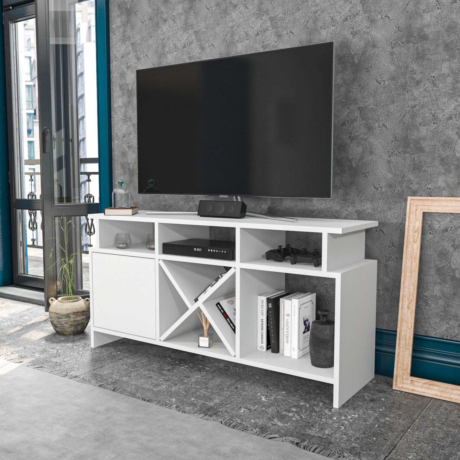 Móvel de TV moderno branco, 120 cm x 29,9 cm x 60,6 cm | Painel de partículas 100% revestido de melamina, 18 mm de espessura | Elegante e funcional para sala de estar