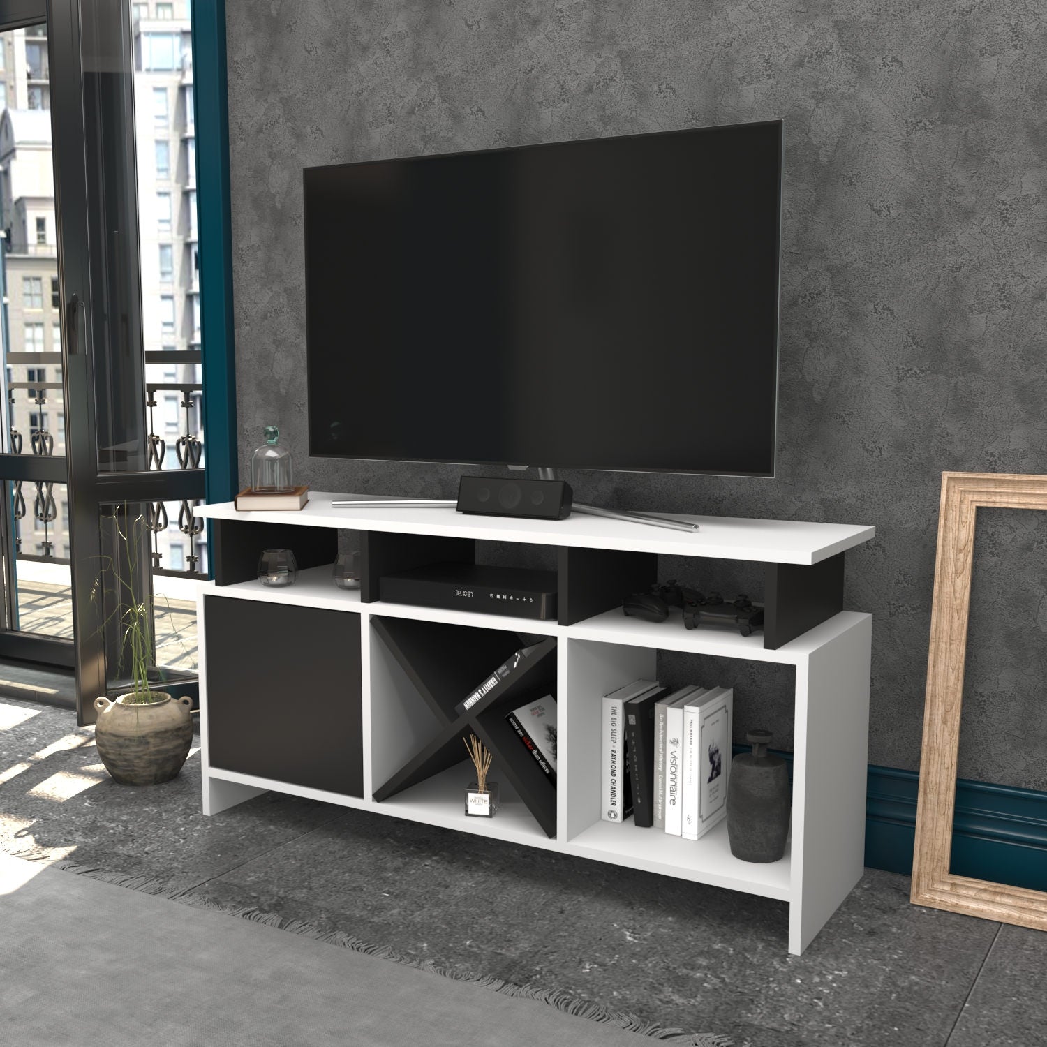 Móvel de TV elegante, branco e antracite, 120 x 29,9 x 60,6 cm | Painel de partículas 100% revestido de melamina, 18 mm de espessura | Design moderno para salas de estar e espaços de entretenimento