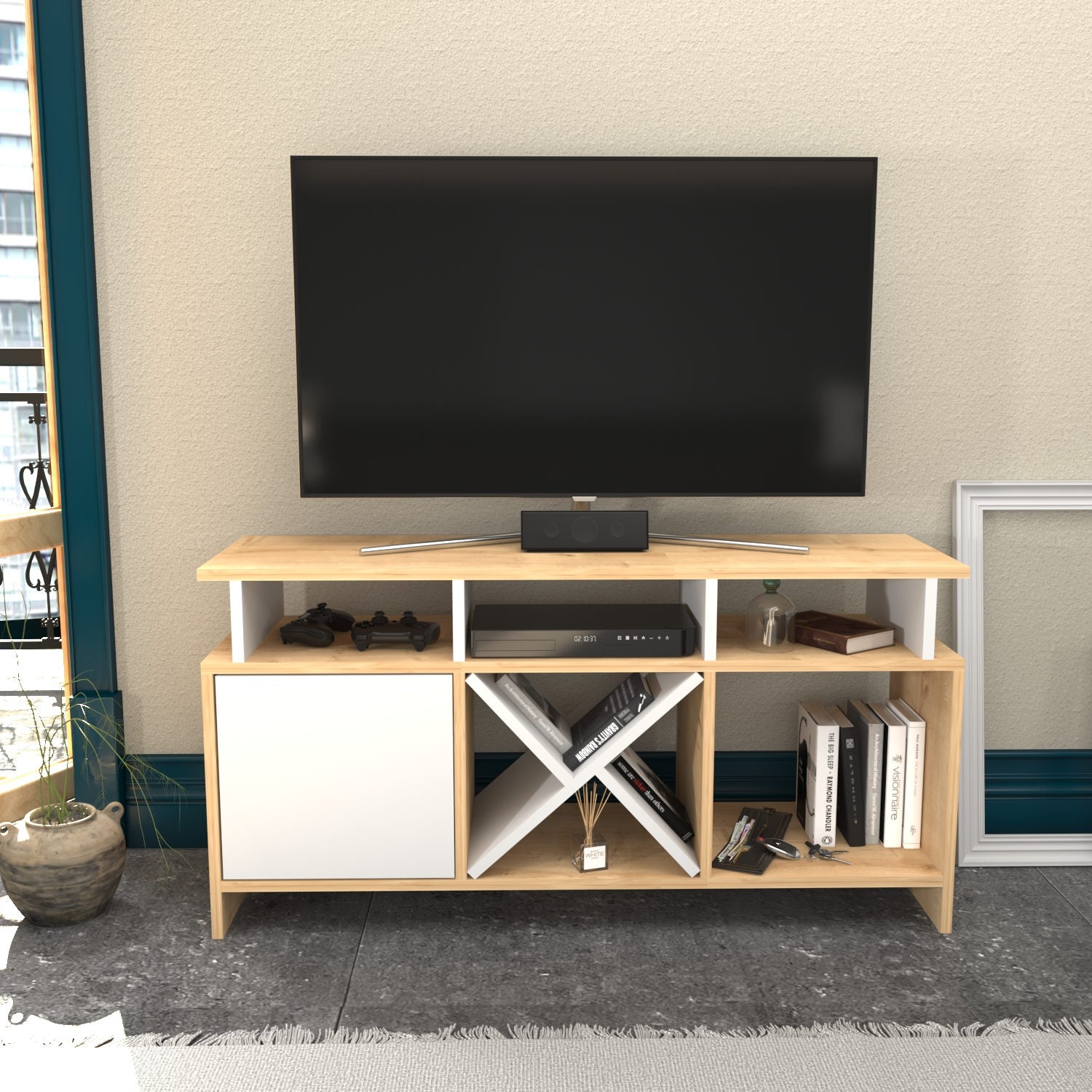 Móvel de TV elegante, carvalho e branco, 120 x 29,9 x 60,6 cm | Painel de partículas 100% revestido de melamina, 18 mm de espessura | Design moderno para salas de estar e espaços de entretenimento