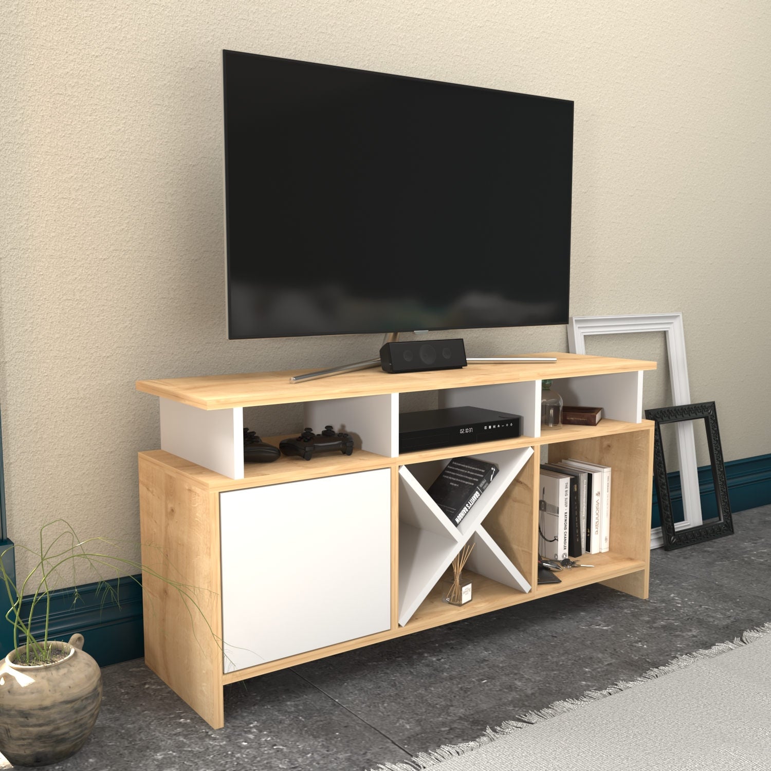 Móvel de TV elegante, carvalho e branco, 120 x 29,9 x 60,6 cm | Painel de partículas 100% revestido de melamina, 18 mm de espessura | Design moderno para salas de estar e espaços de entretenimento