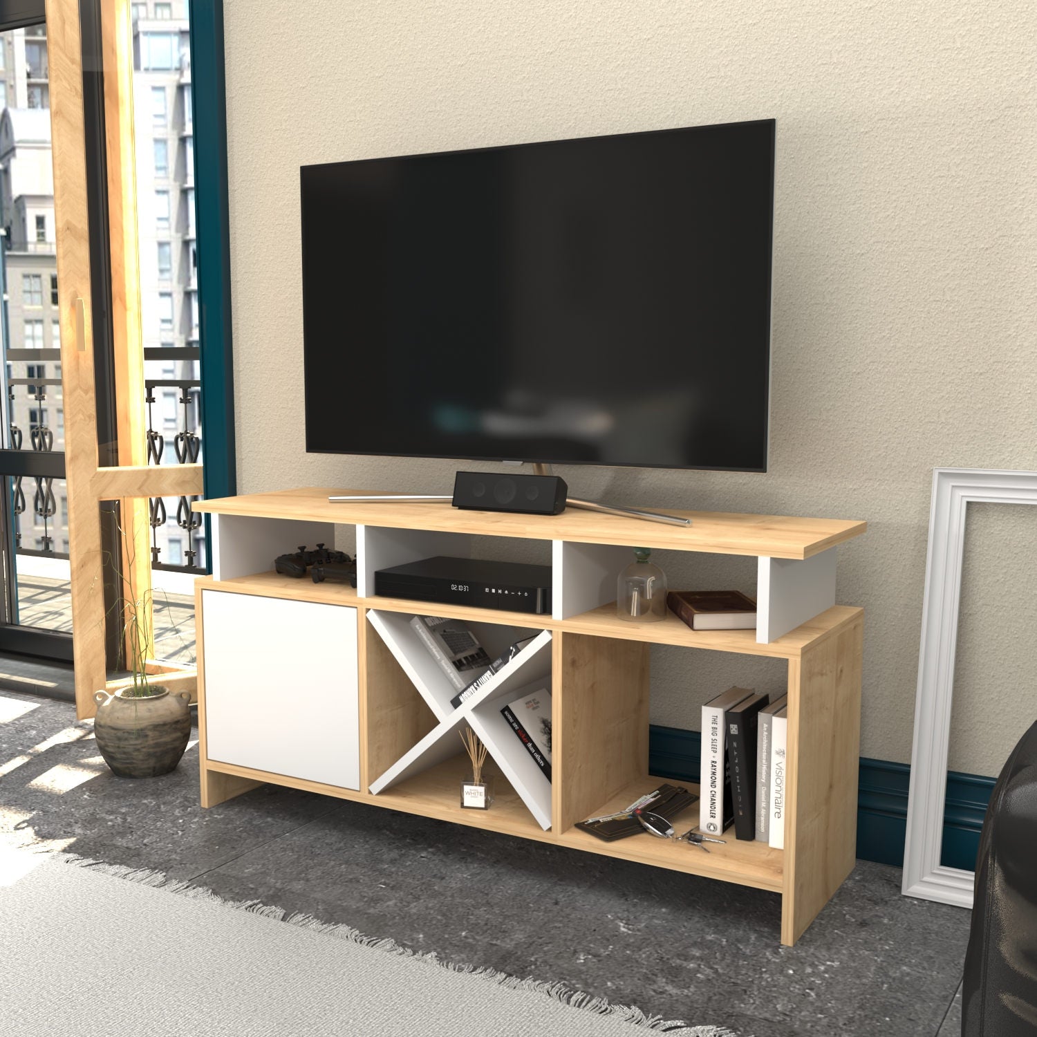 Móvel de TV elegante, carvalho e branco, 120 x 29,9 x 60,6 cm | Painel de partículas 100% revestido de melamina, 18 mm de espessura | Design moderno para salas de estar e espaços de entretenimento