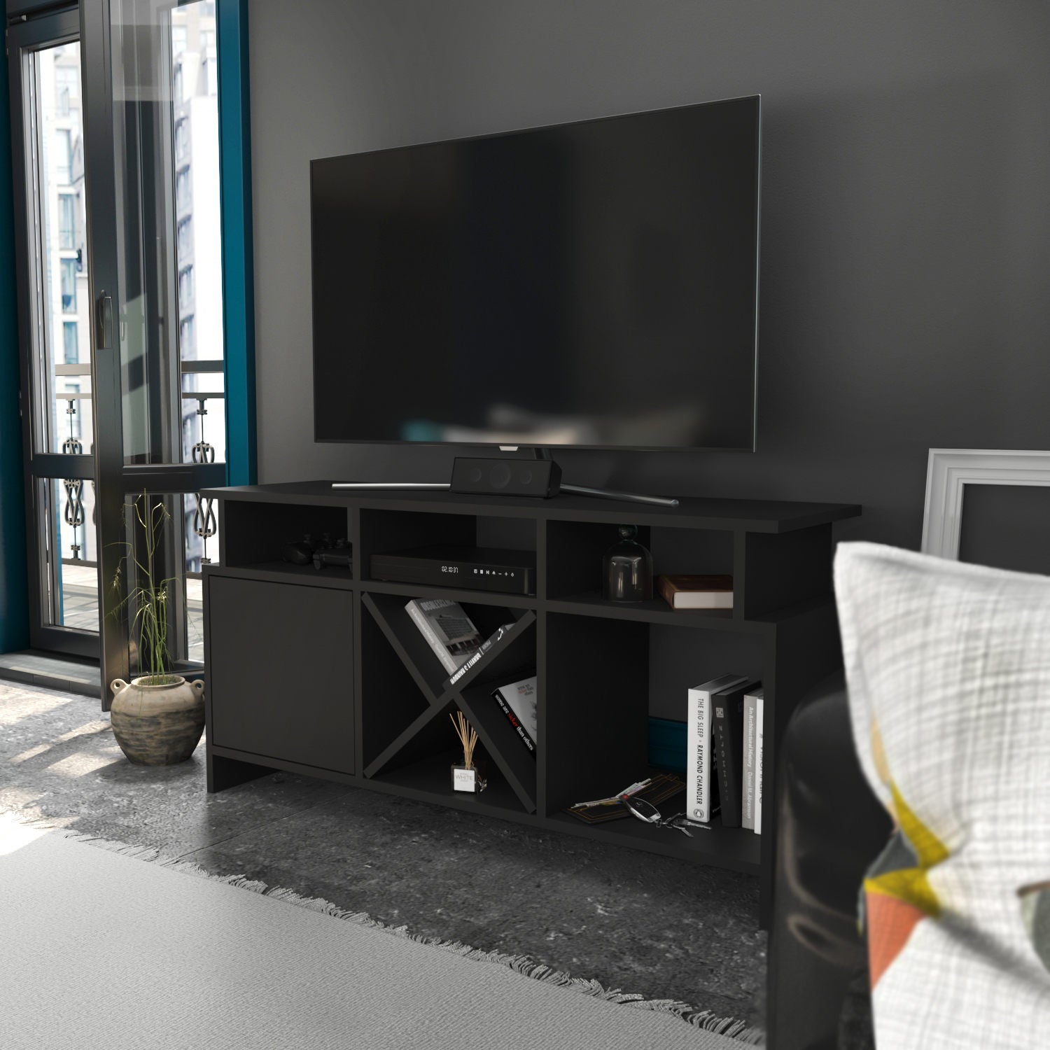 Móvel de TV elegante, antracite, 120 x 29,9 x 60,6 cm | Painel de partículas 100% revestido de melamina, 18 mm de espessura | Design moderno para salas de estar e espaços de entretenimento