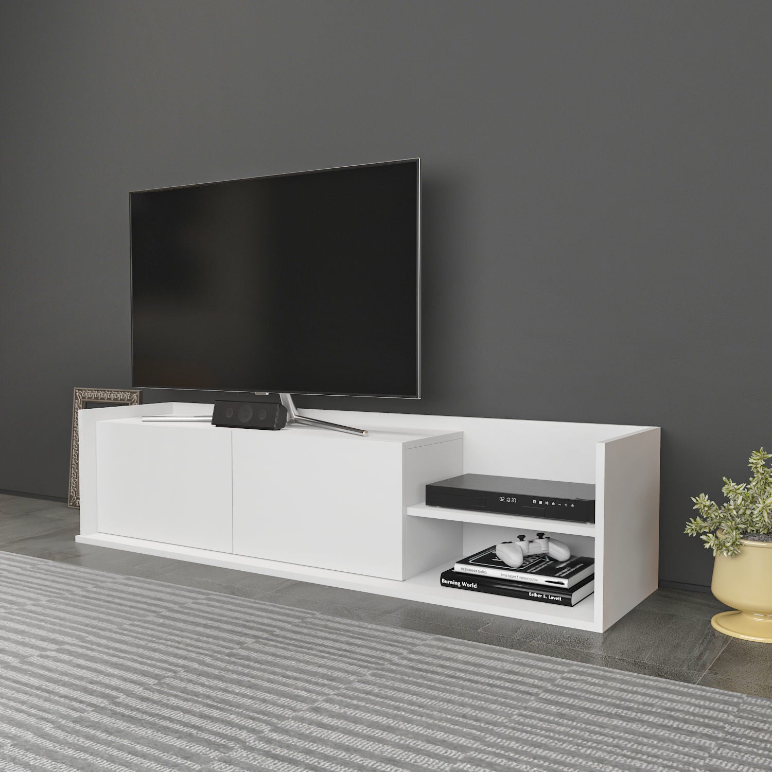 Móvel de TV escandinavo, branco, 160 x 35 x 36,8 cm | Painel de partículas 100% revestido em melamina, 18 mm de espessura | Elegante e funcional para salas de estar modernas