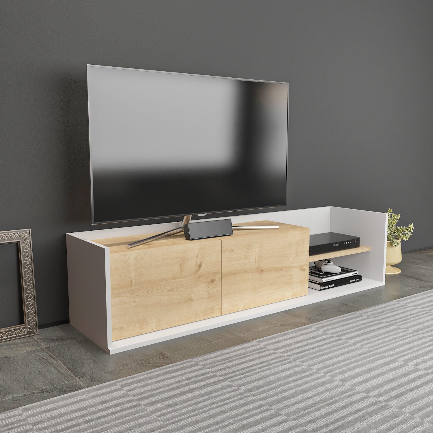 Móvel de TV escandinavo, branco e carvalho, 160 x 35 x 36,8 cm | Painel de partículas 100% revestido de melamina, 18 mm de espessura | Elegante e funcional para salas de estar modernas